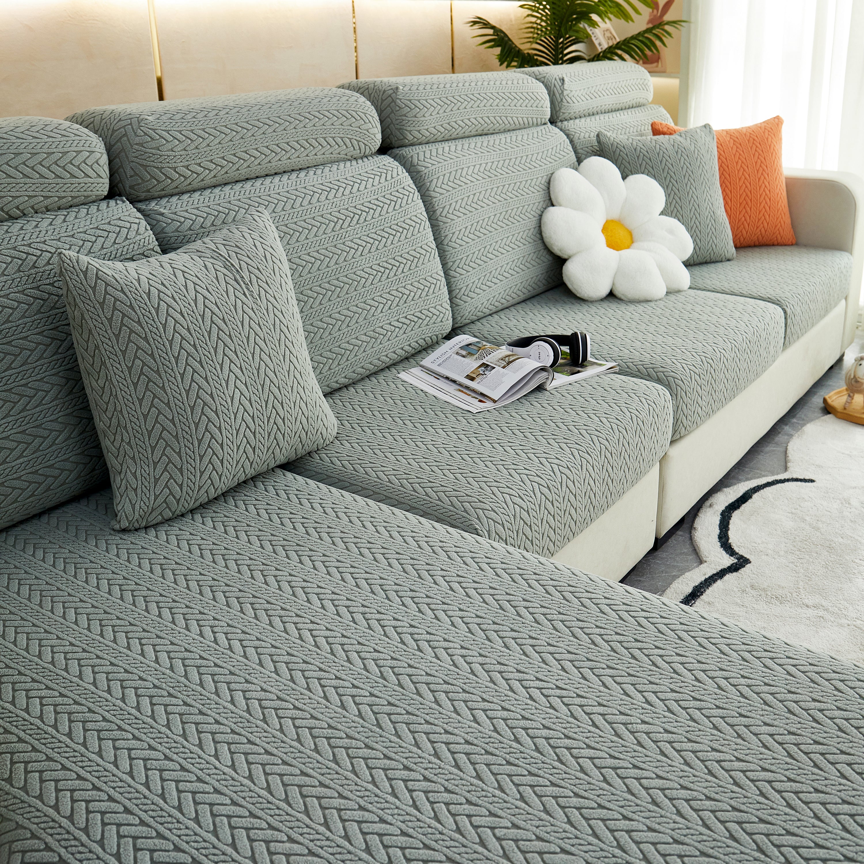 Stretchable Jacquard Polar Fleece Sofa Cover Non-Slip Furniture Protector for Pets L-Shaped Couch Slipcovers