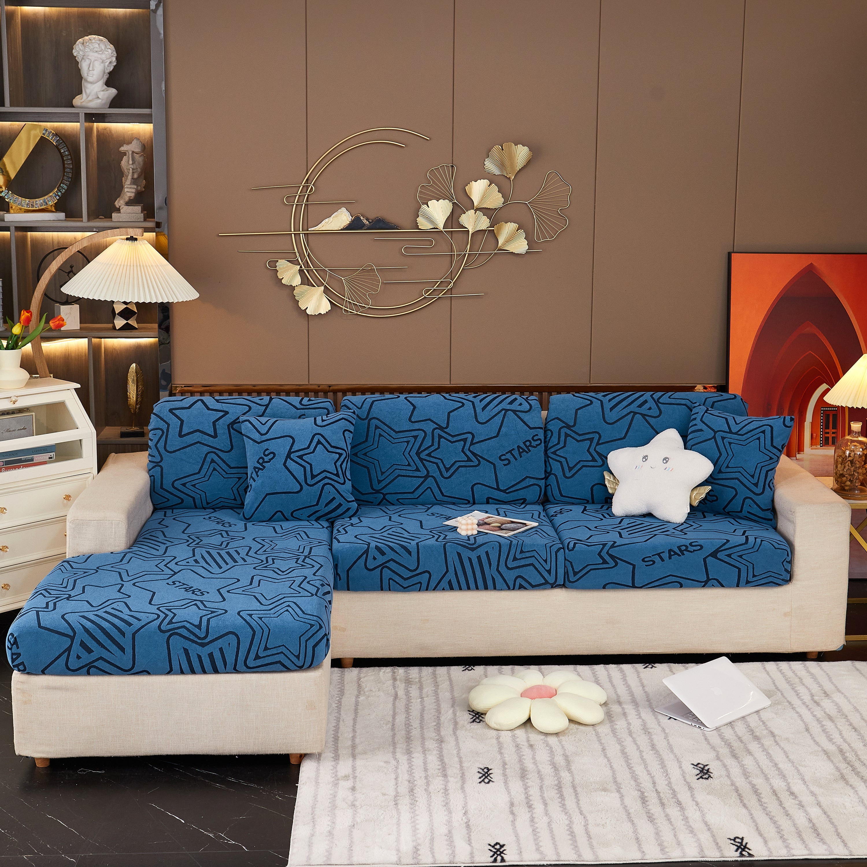 Starry Sky Jacquard Fleece Stretchable Non-Slip Cushion Covers Furniture Covers for L-Shaped Couch