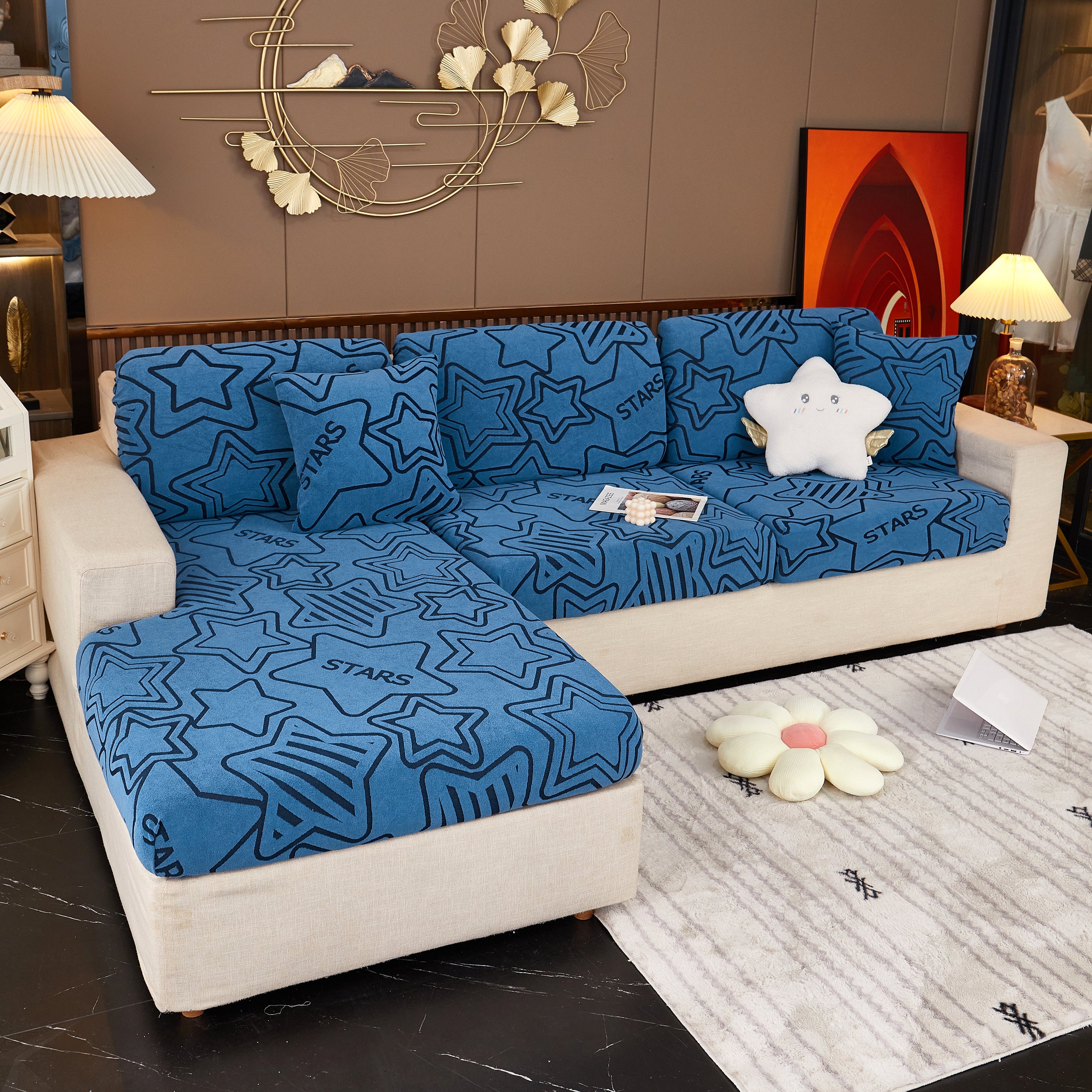 Starry Sky Jacquard Fleece Stretchable Non-Slip Cushion Covers Furniture Covers for L-Shaped Couch