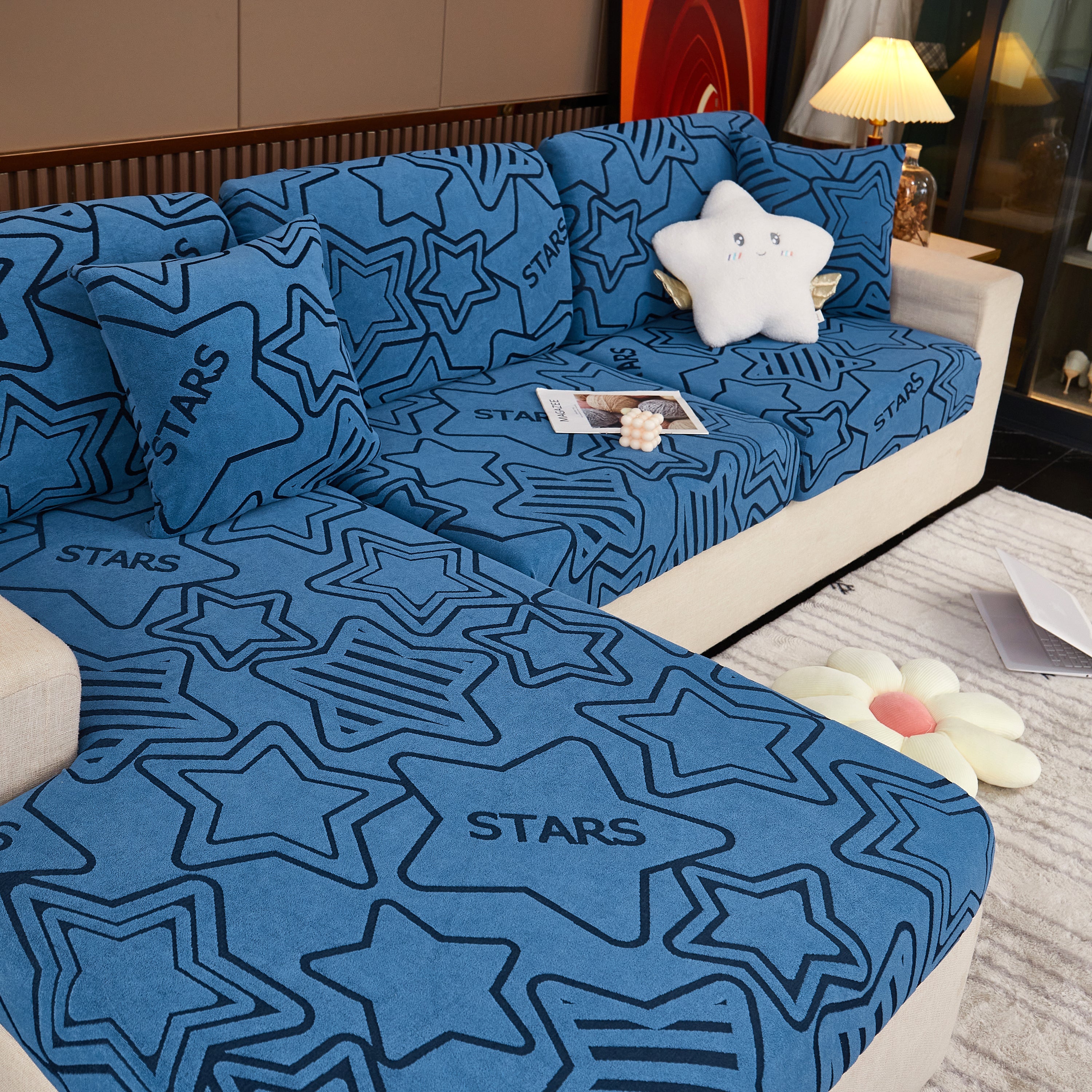 Starry Sky Jacquard Fleece Stretchable Non-Slip Cushion Covers Furniture Covers for L-Shaped Couch