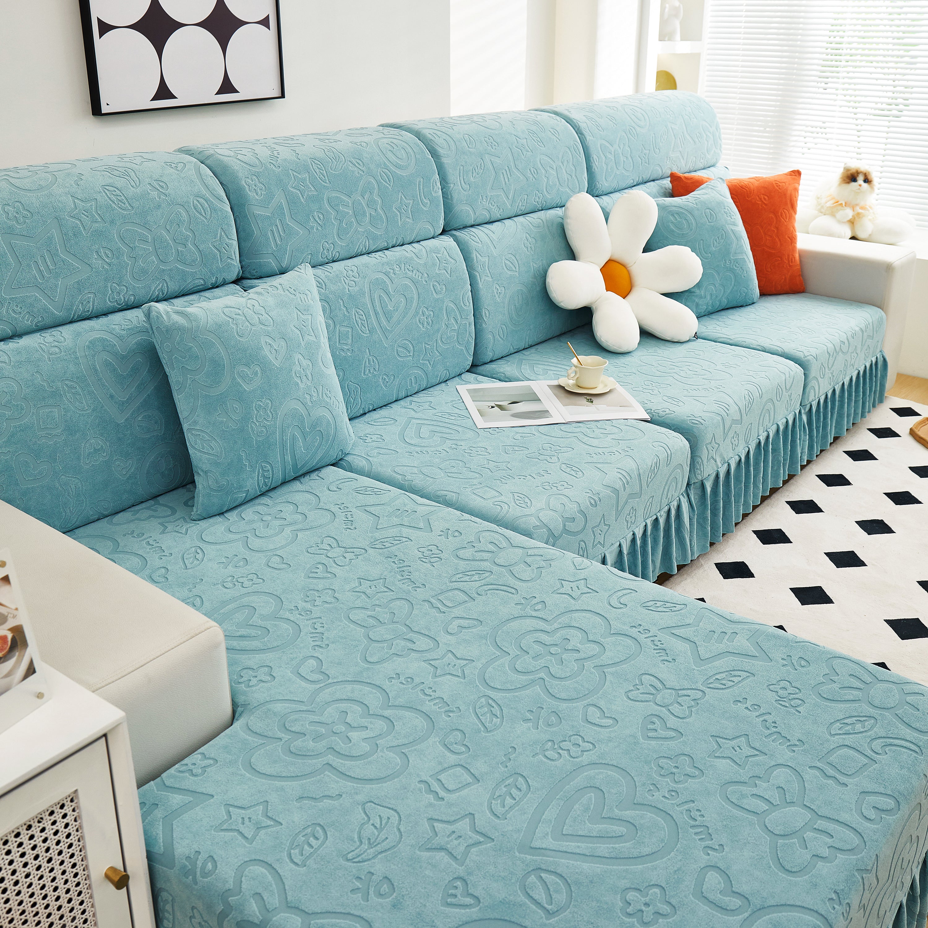Elastic Skirted Couch Cushion Covers for 1/2/3/4-Seater Sofas, Furniture Protector for Pets, Kids