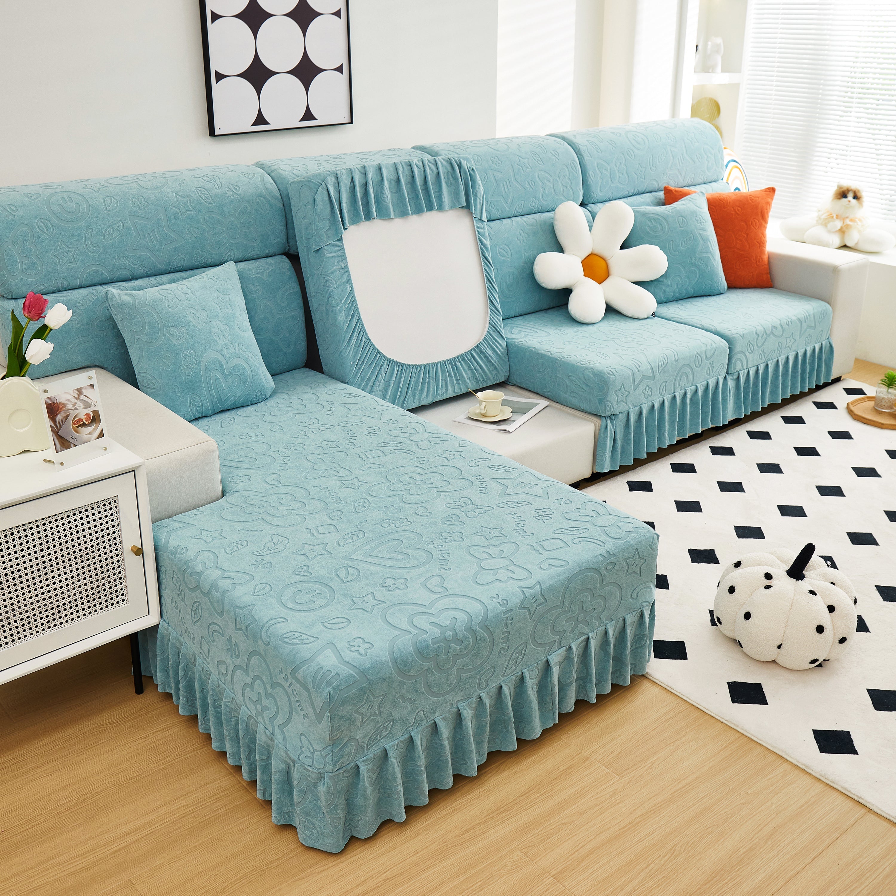 Elastic Skirted Couch Cushion Covers for 1/2/3/4-Seater Sofas, Furniture Protector for Pets, Kids