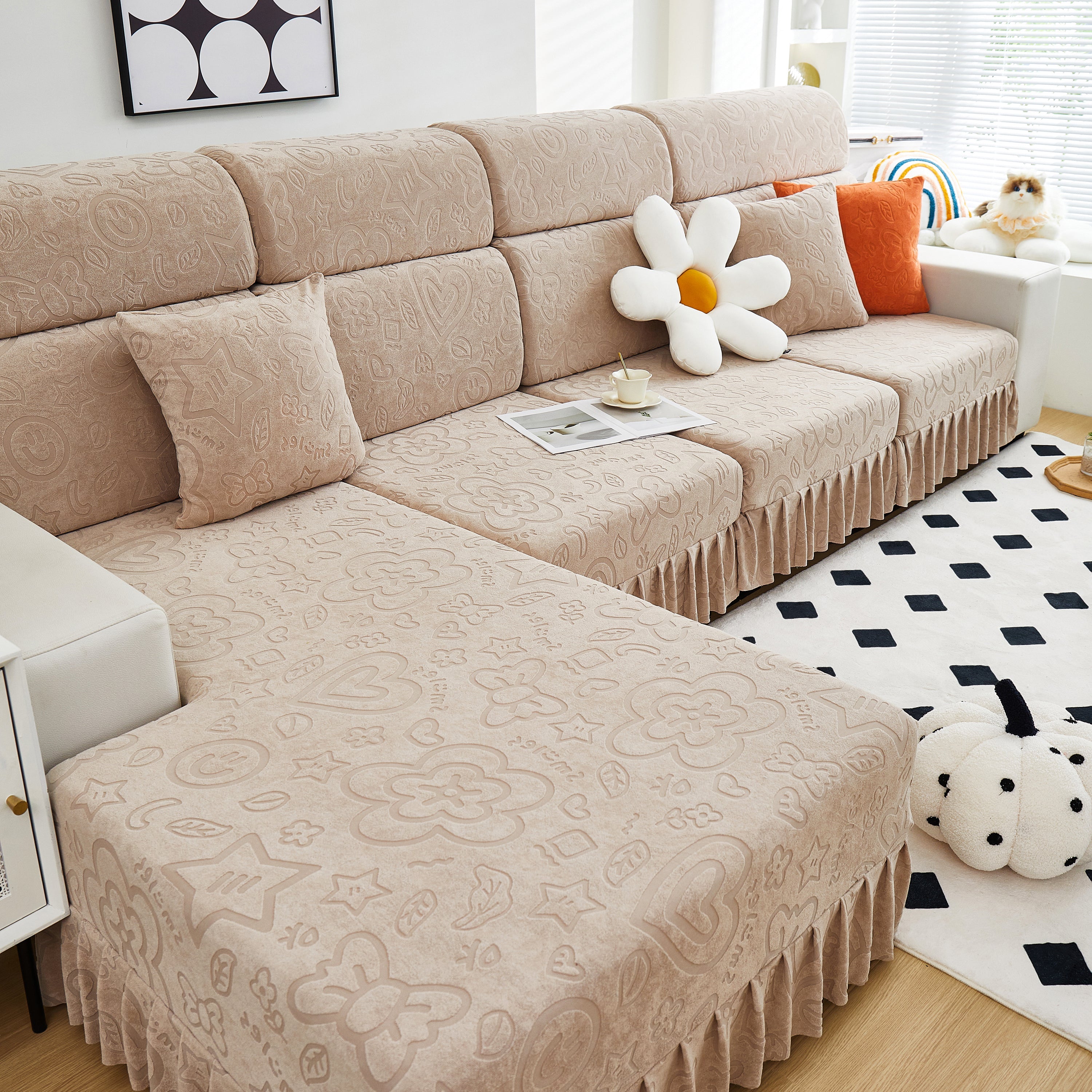 Elastic Skirted Couch Cushion Covers for 1/2/3/4-Seater Sofas, Furniture Protector for Pets, Kids