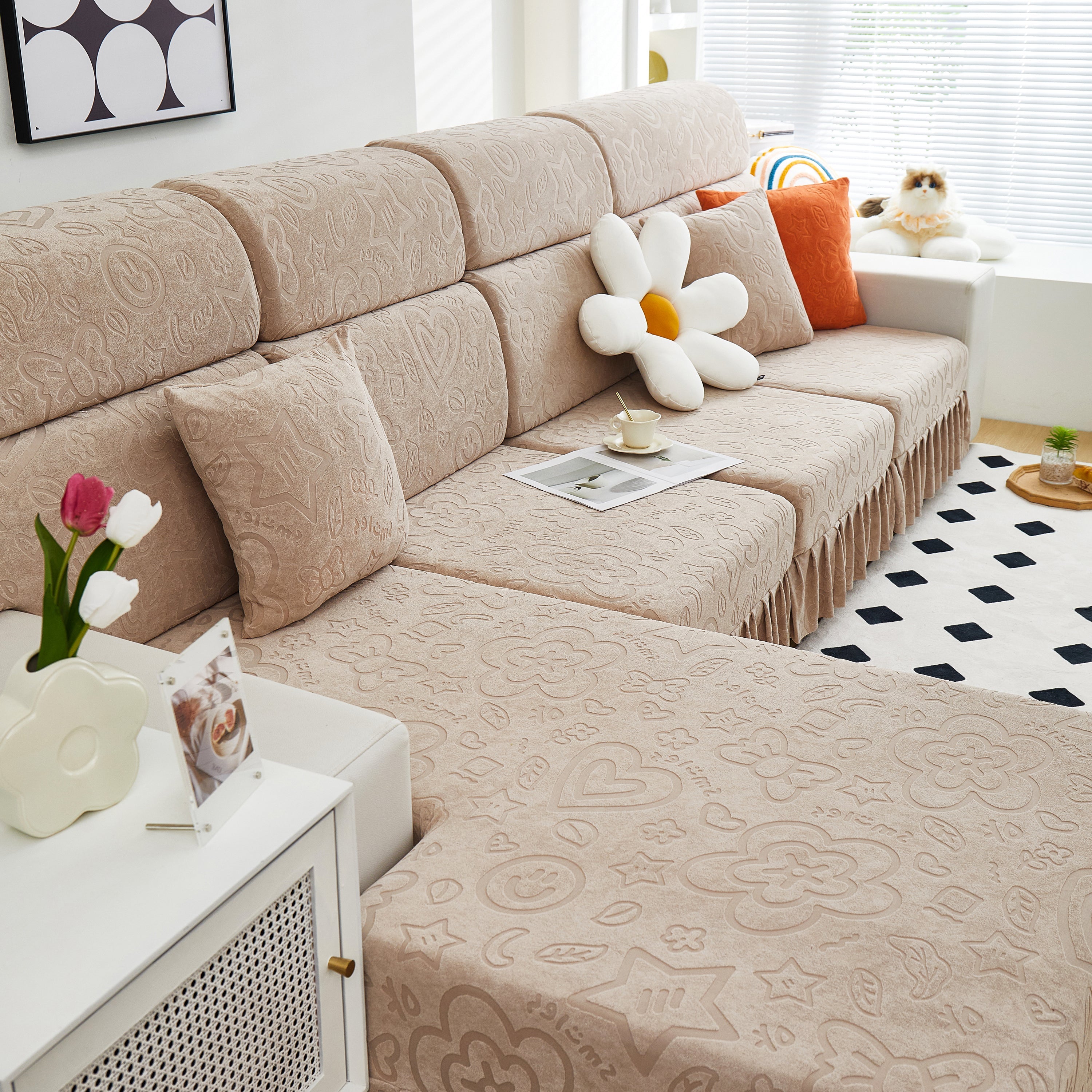 Elastic Skirted Couch Cushion Covers for 1/2/3/4-Seater Sofas, Furniture Protector for Pets, Kids