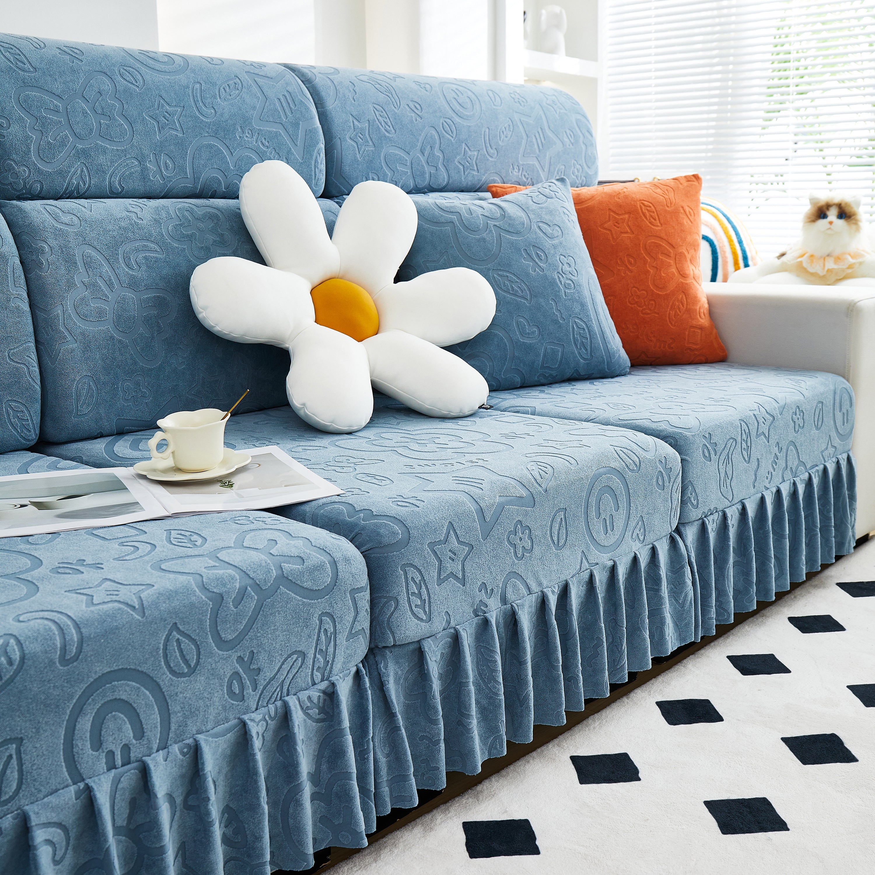 Elastic Skirted Couch Cushion Covers for 1/2/3/4-Seater Sofas, Furniture Protector for Pets, Kids
