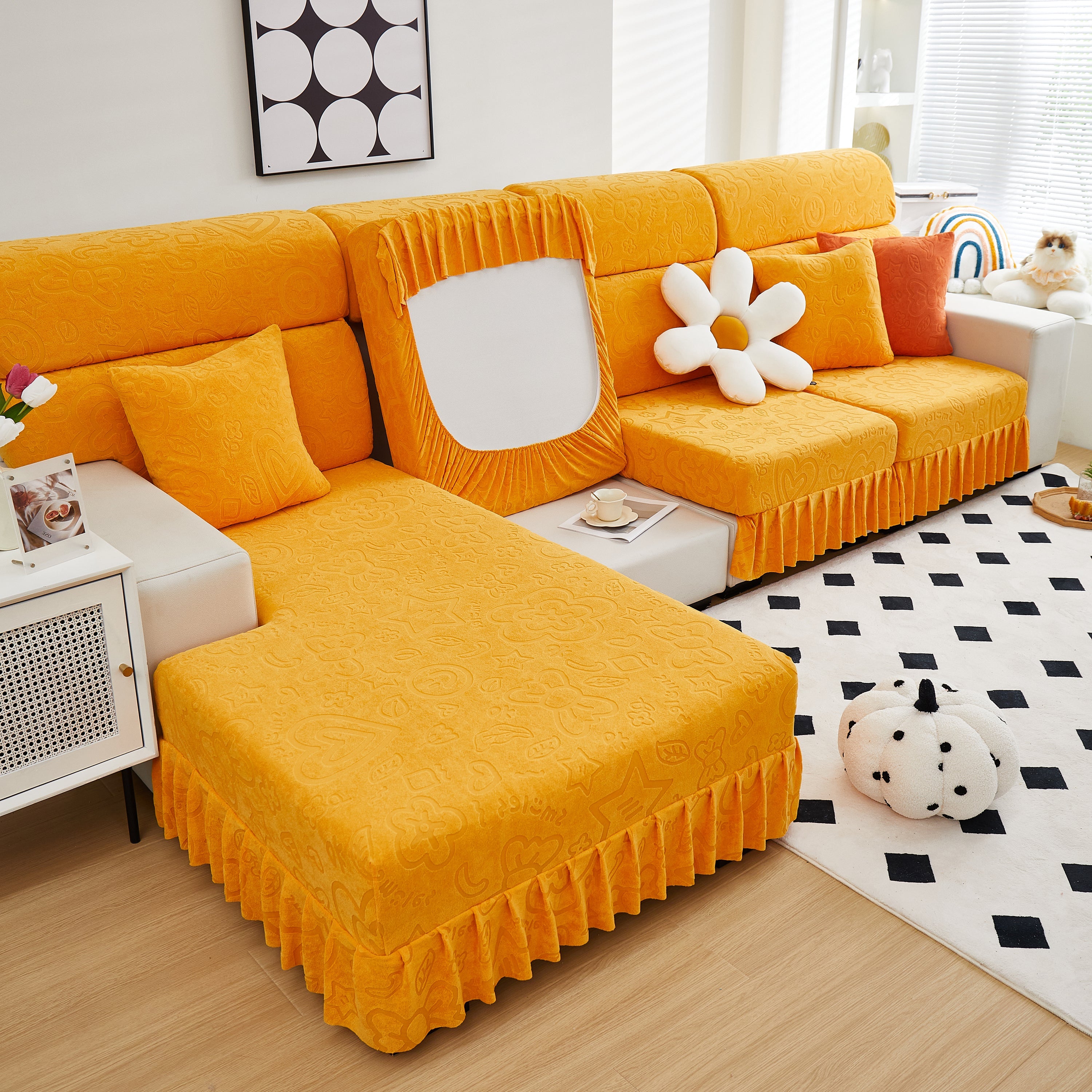 Elastic Skirted Couch Cushion Covers for 1/2/3/4-Seater Sofas, Furniture Protector for Pets, Kids