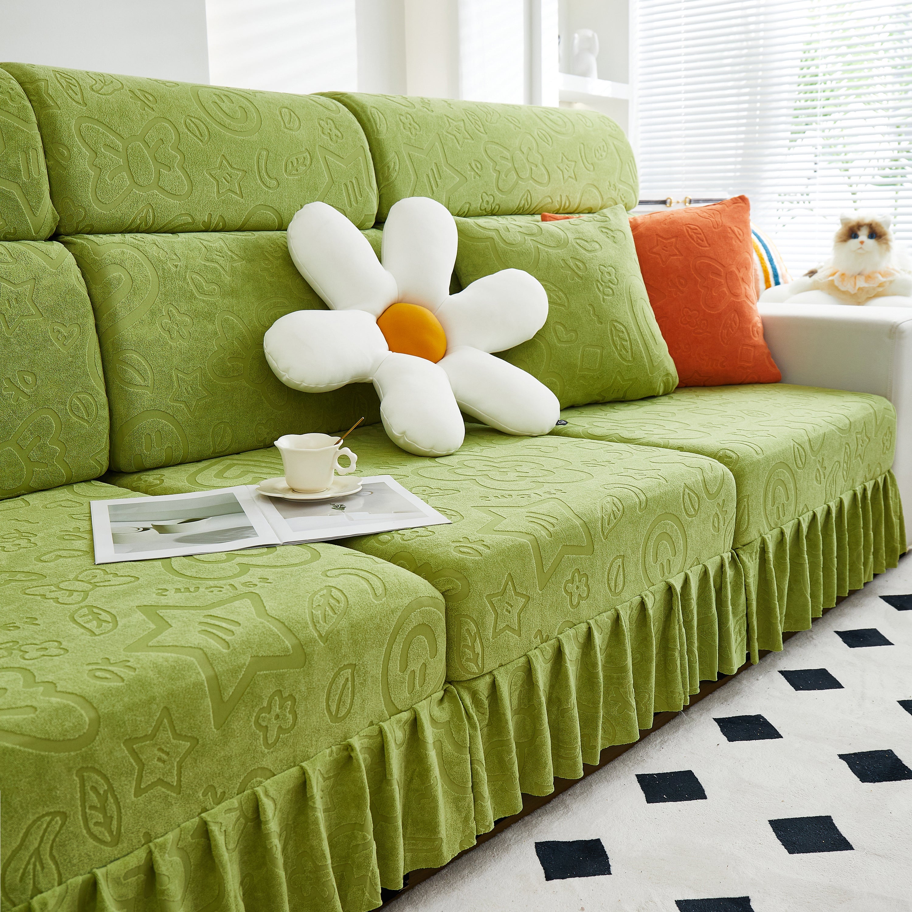 Elastic Skirted Couch Cushion Covers for 1/2/3/4-Seater Sofas, Furniture Protector for Pets, Kids