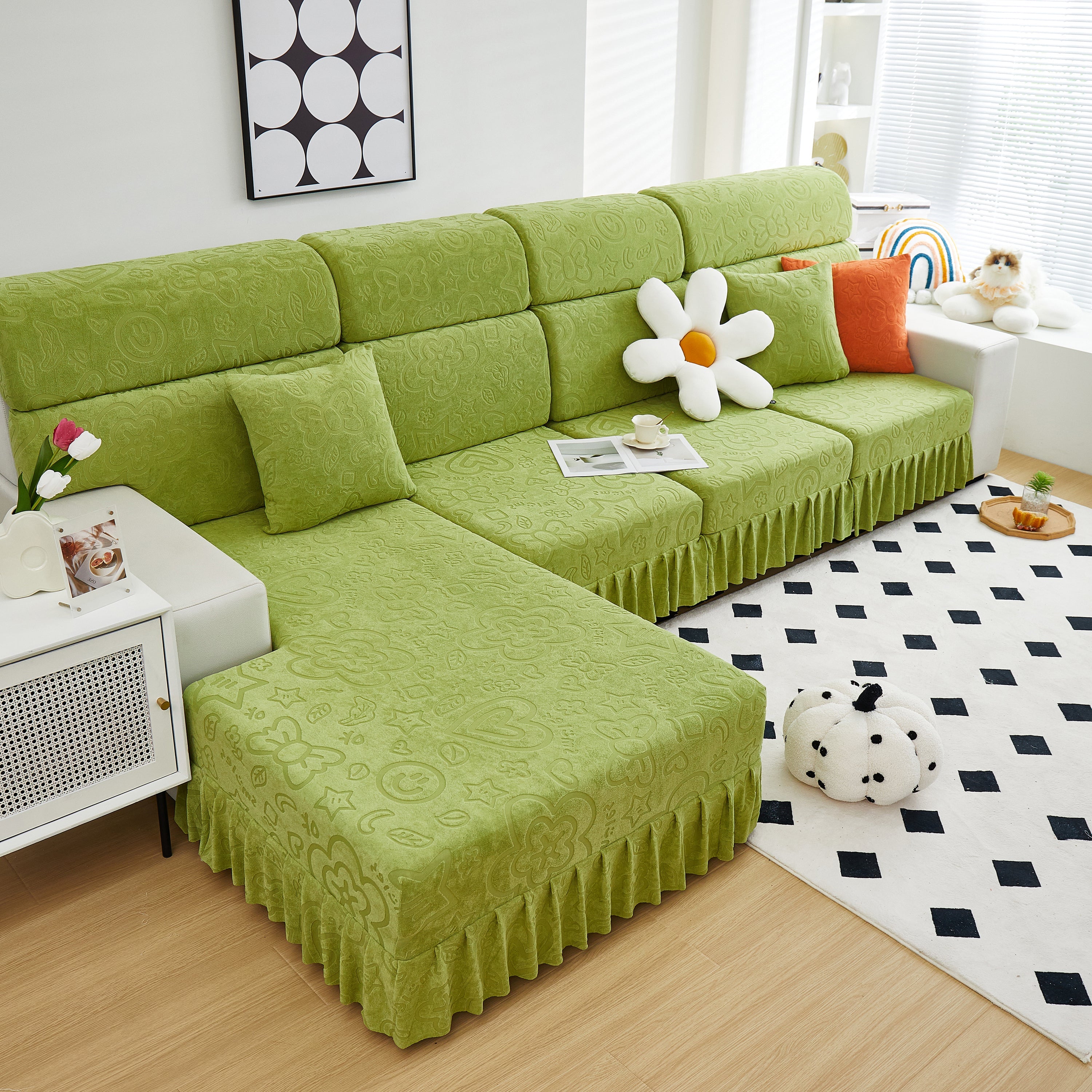 Elastic Skirted Couch Cushion Covers for 1/2/3/4-Seater Sofas, Furniture Protector for Pets, Kids