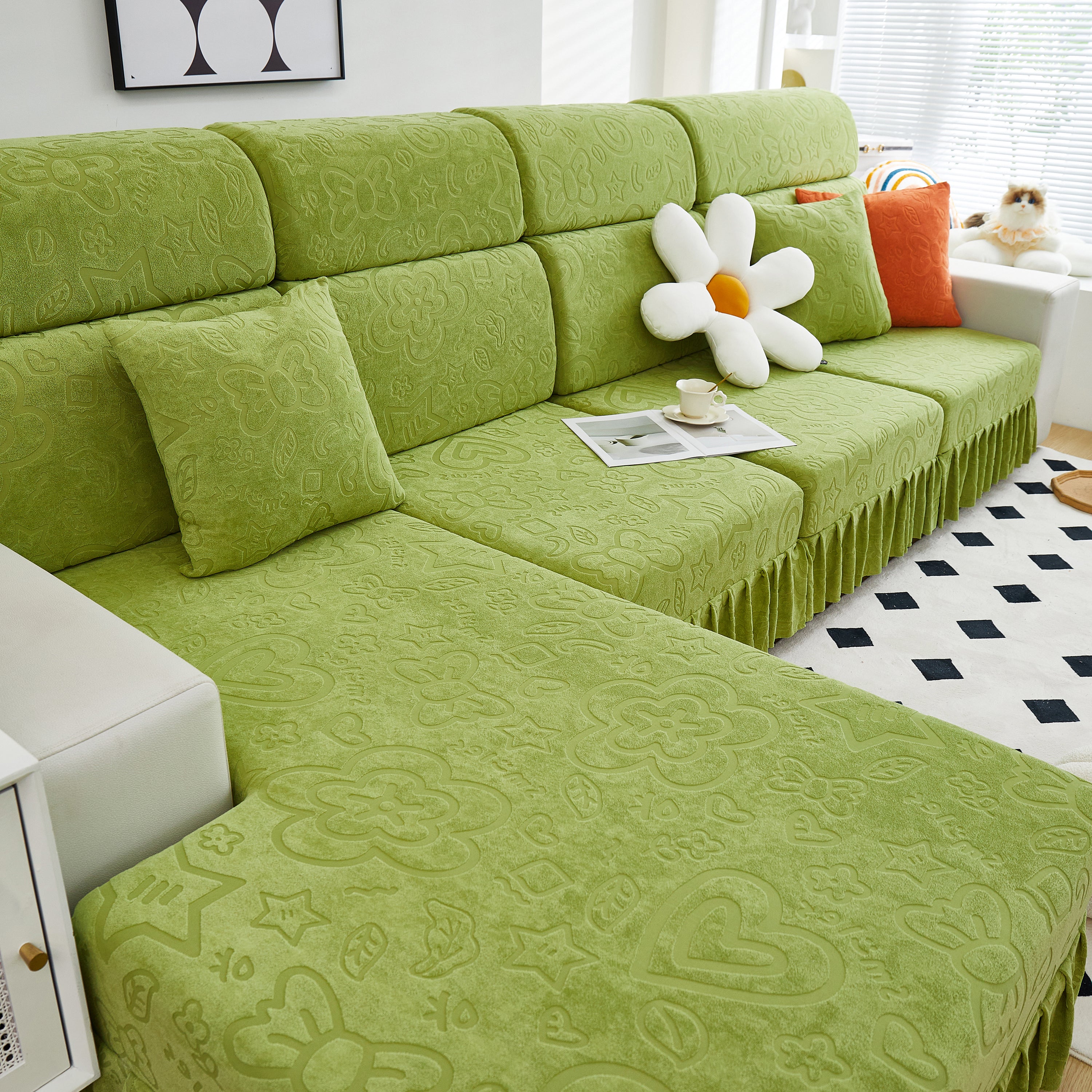 Elastic Skirted Couch Cushion Covers for 1/2/3/4-Seater Sofas, Furniture Protector for Pets, Kids