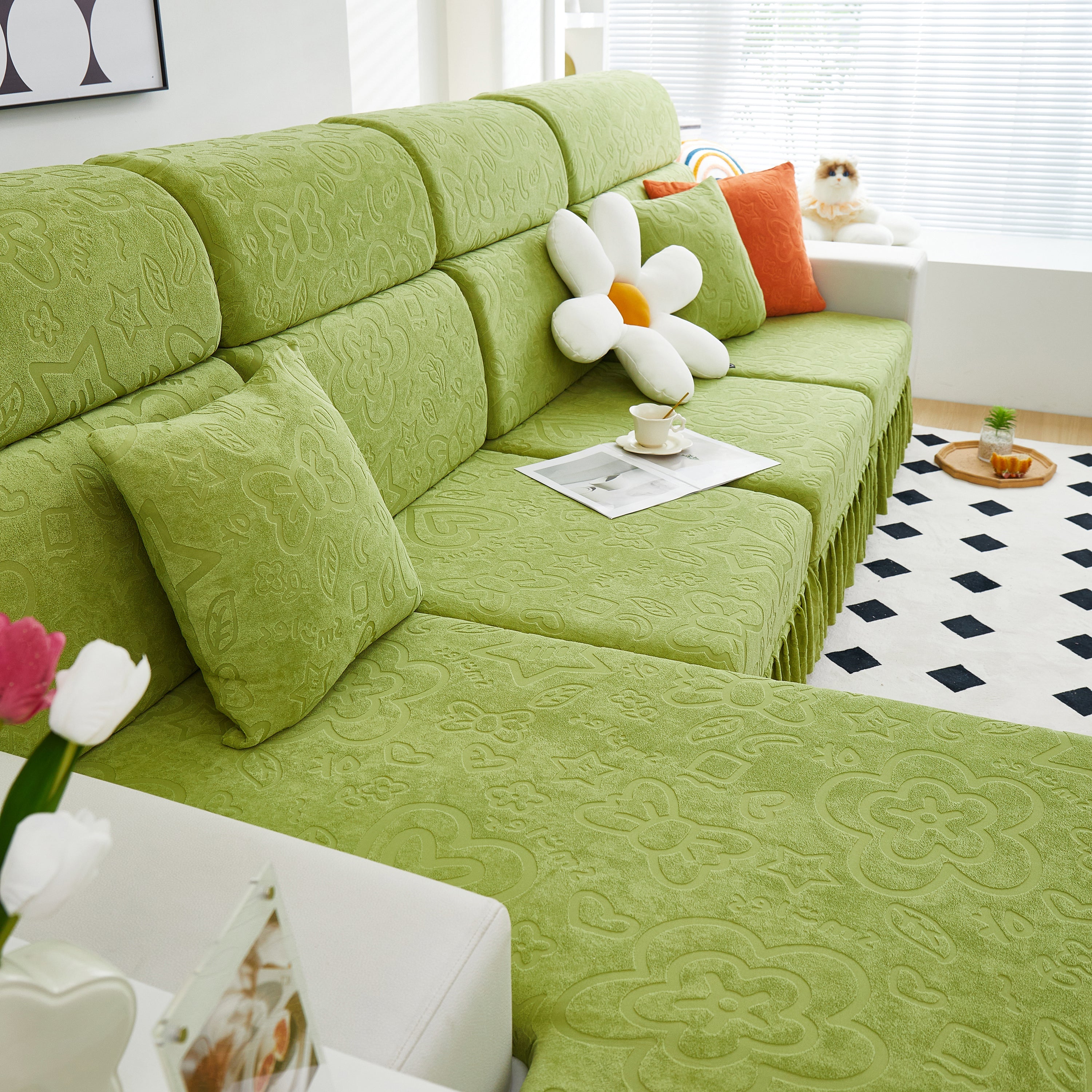 Elastic Skirted Couch Cushion Covers for 1/2/3/4-Seater Sofas, Furniture Protector for Pets, Kids
