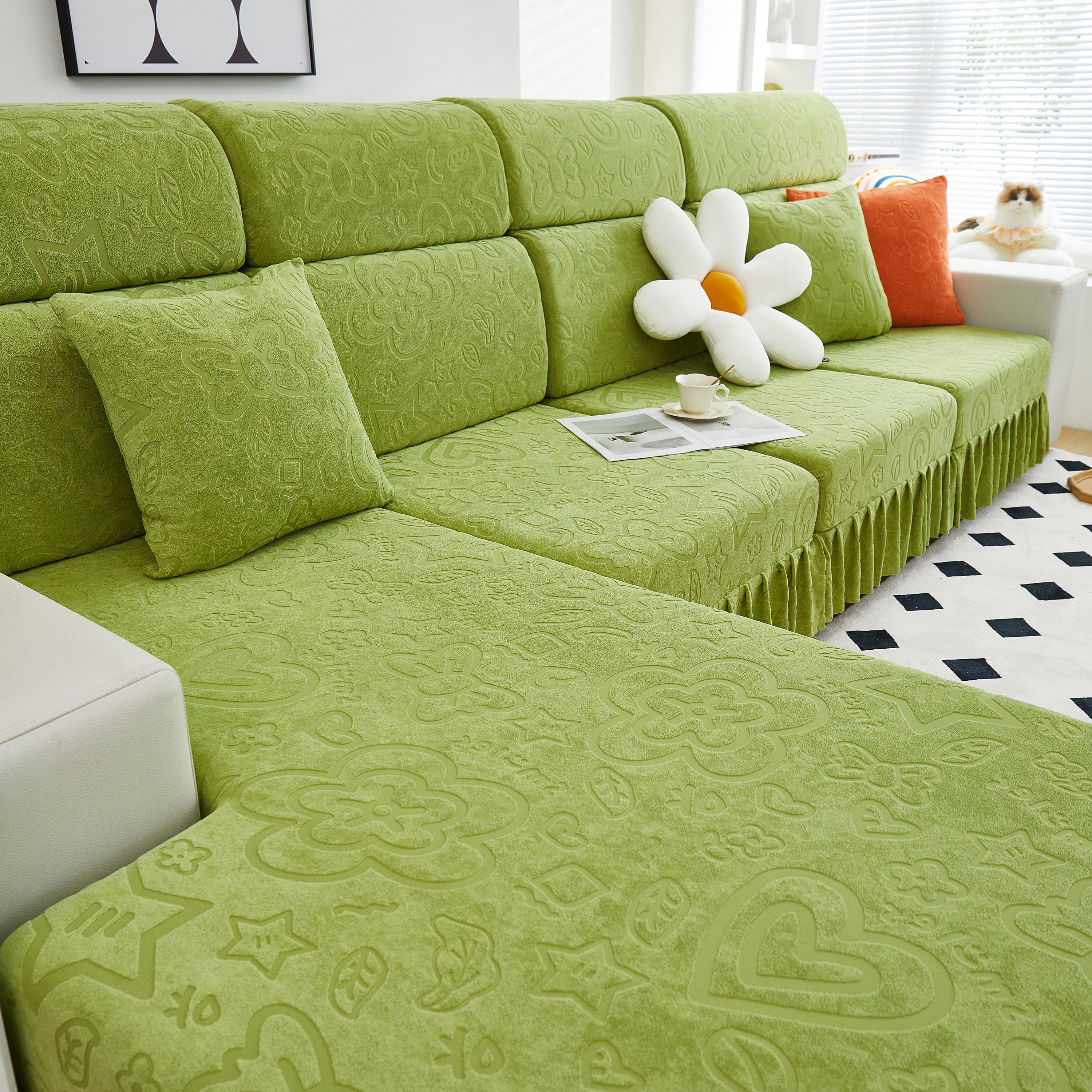 Elastic Skirted Couch Cushion Covers for 1/2/3/4-Seater Sofas, Furniture Protector for Pets, Kids