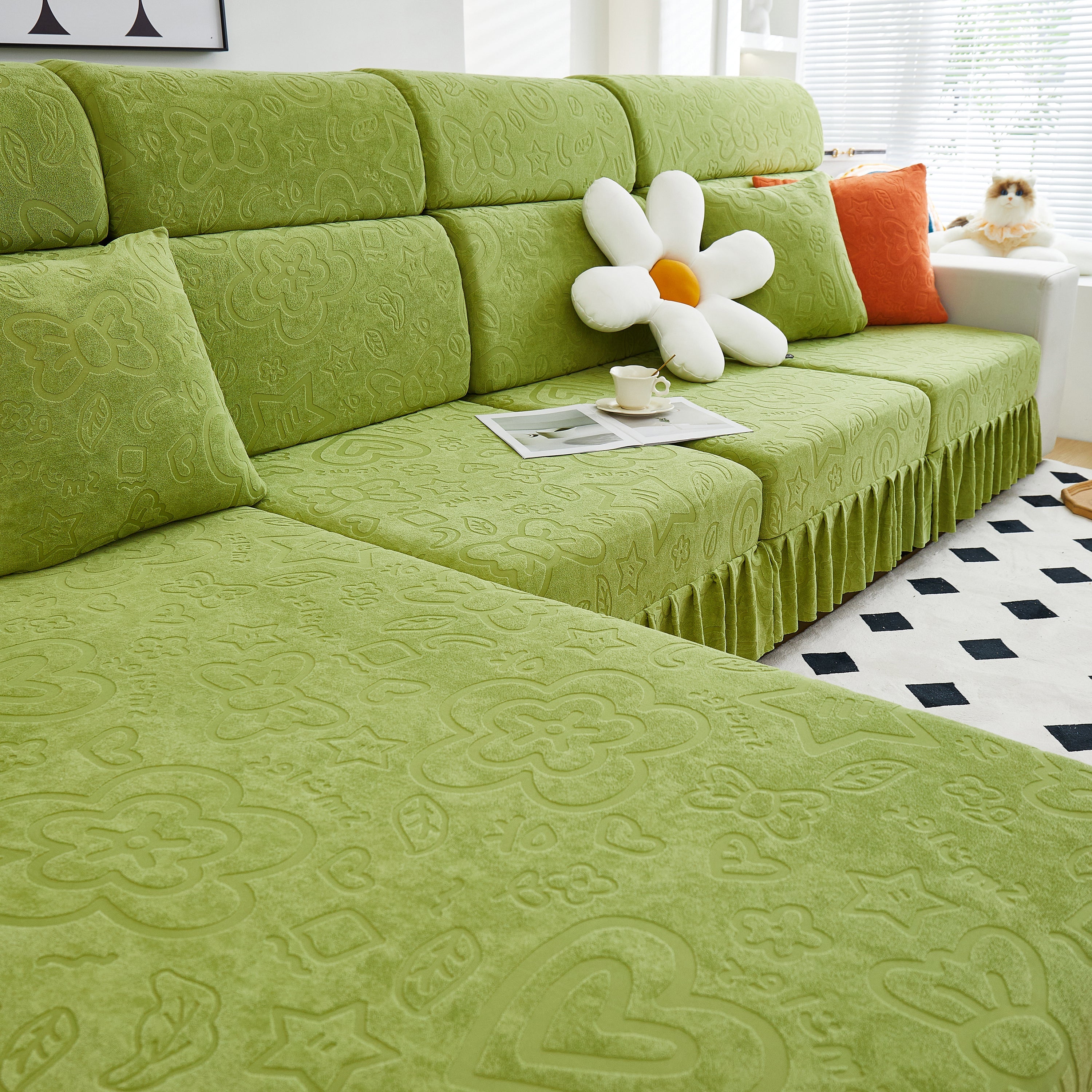 Elastic Skirted Couch Cushion Covers for 1/2/3/4-Seater Sofas, Furniture Protector for Pets, Kids
