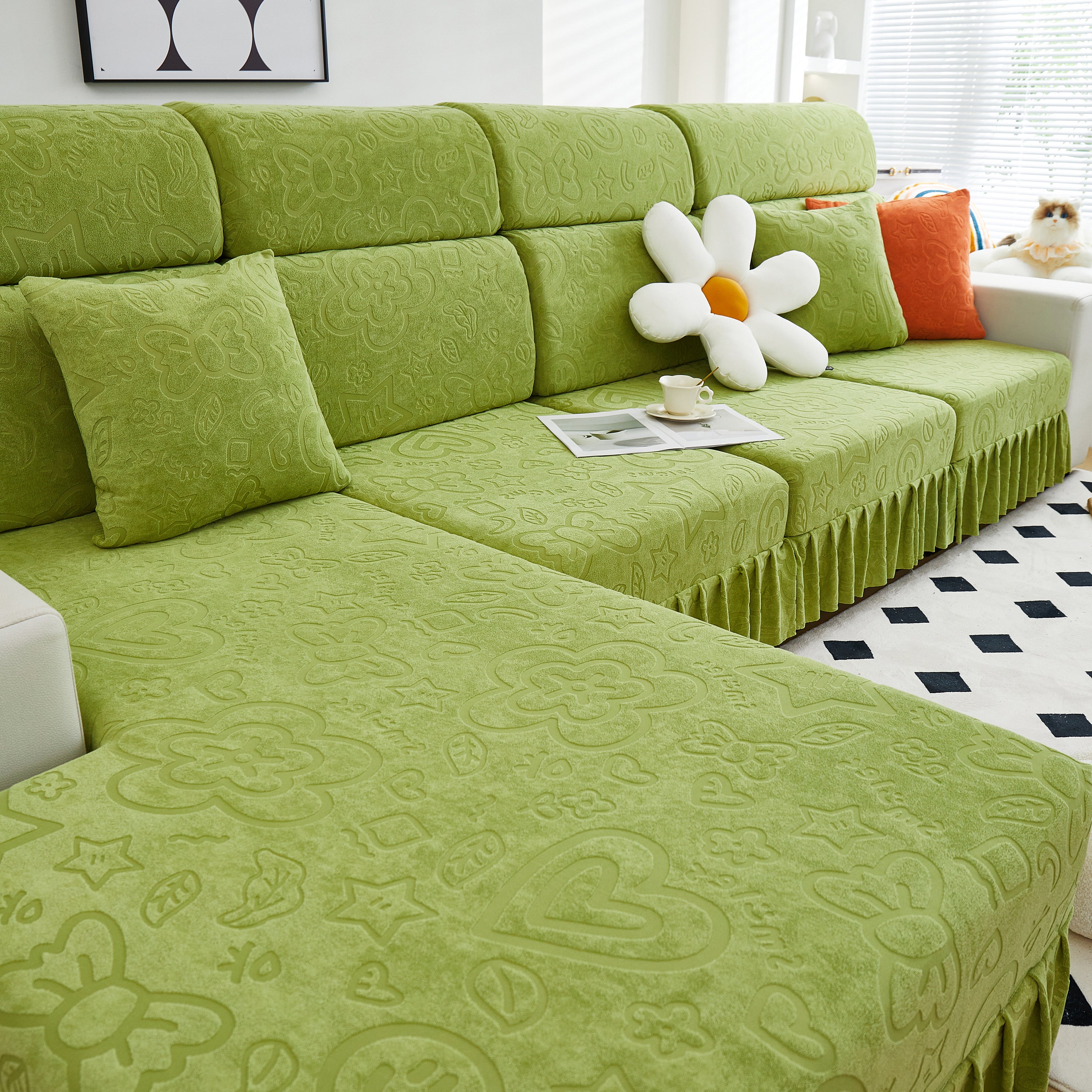 Elastic Skirted Couch Cushion Covers for 1/2/3/4-Seater Sofas, Furniture Protector for Pets, Kids