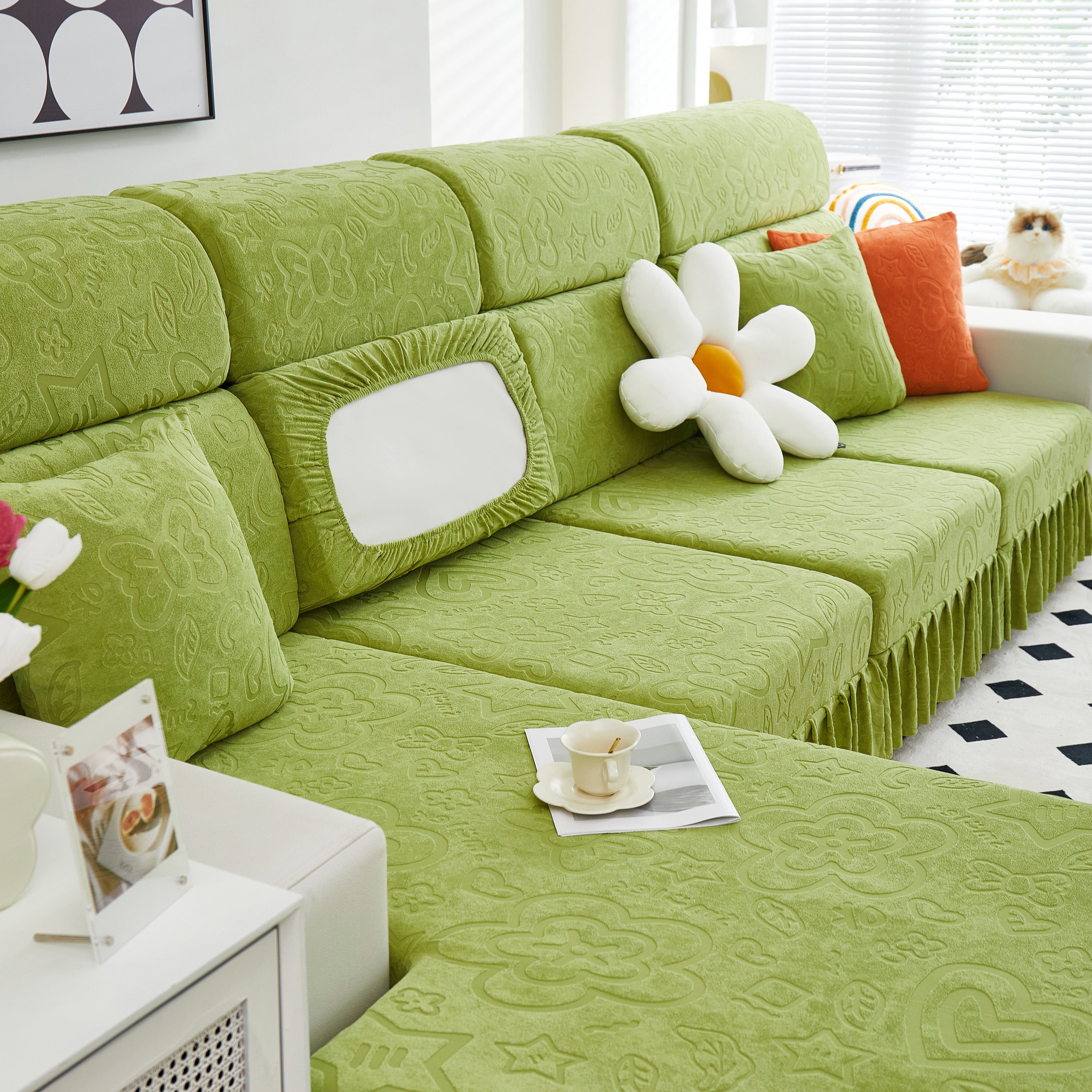 Elastic Skirted Couch Cushion Covers for 1/2/3/4-Seater Sofas, Furniture Protector for Pets, Kids
