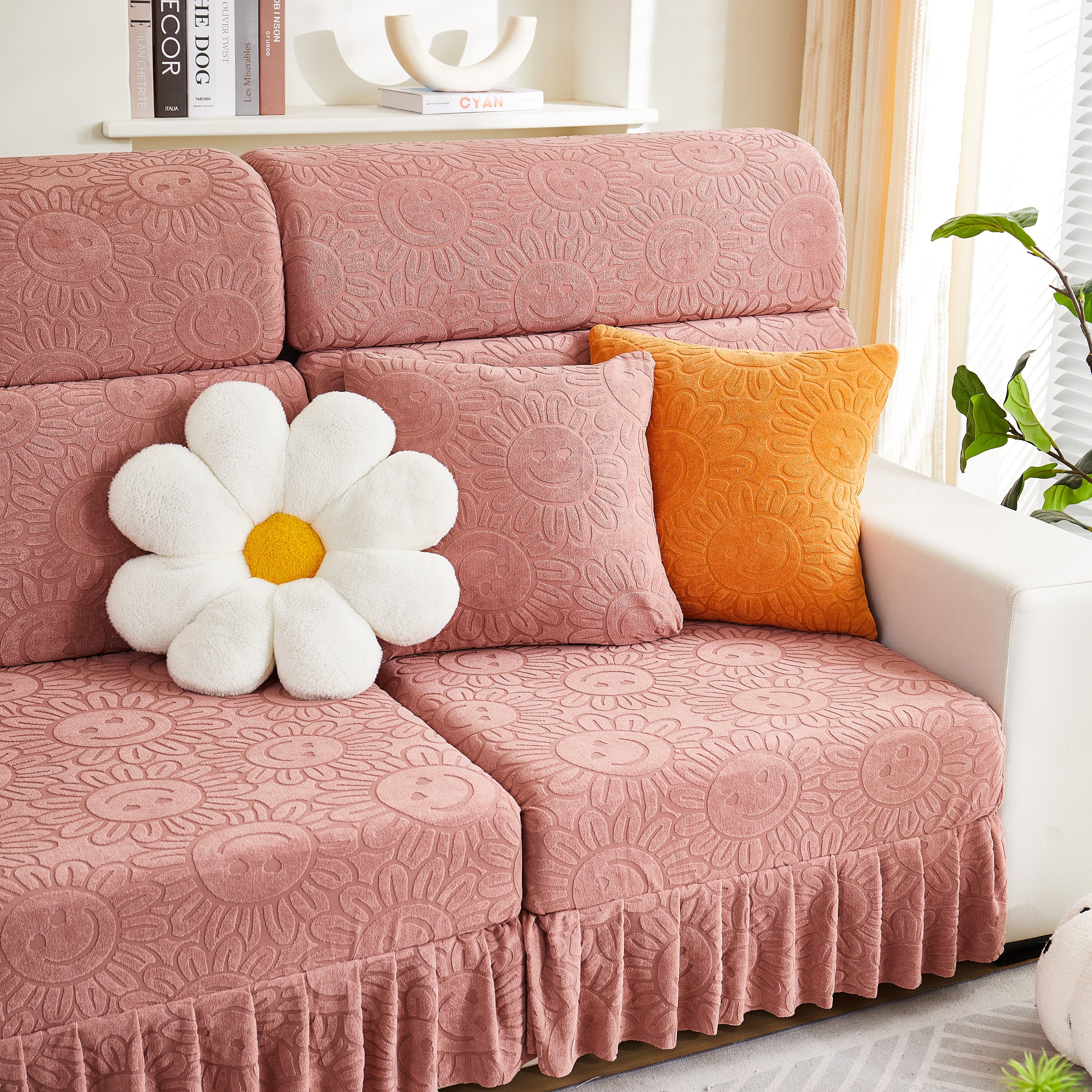 Sofa Seat Cover, Sunflower Patterned Elastic Skirted Couch Cushion Covers for 1/2/3/4-Seater Sofas