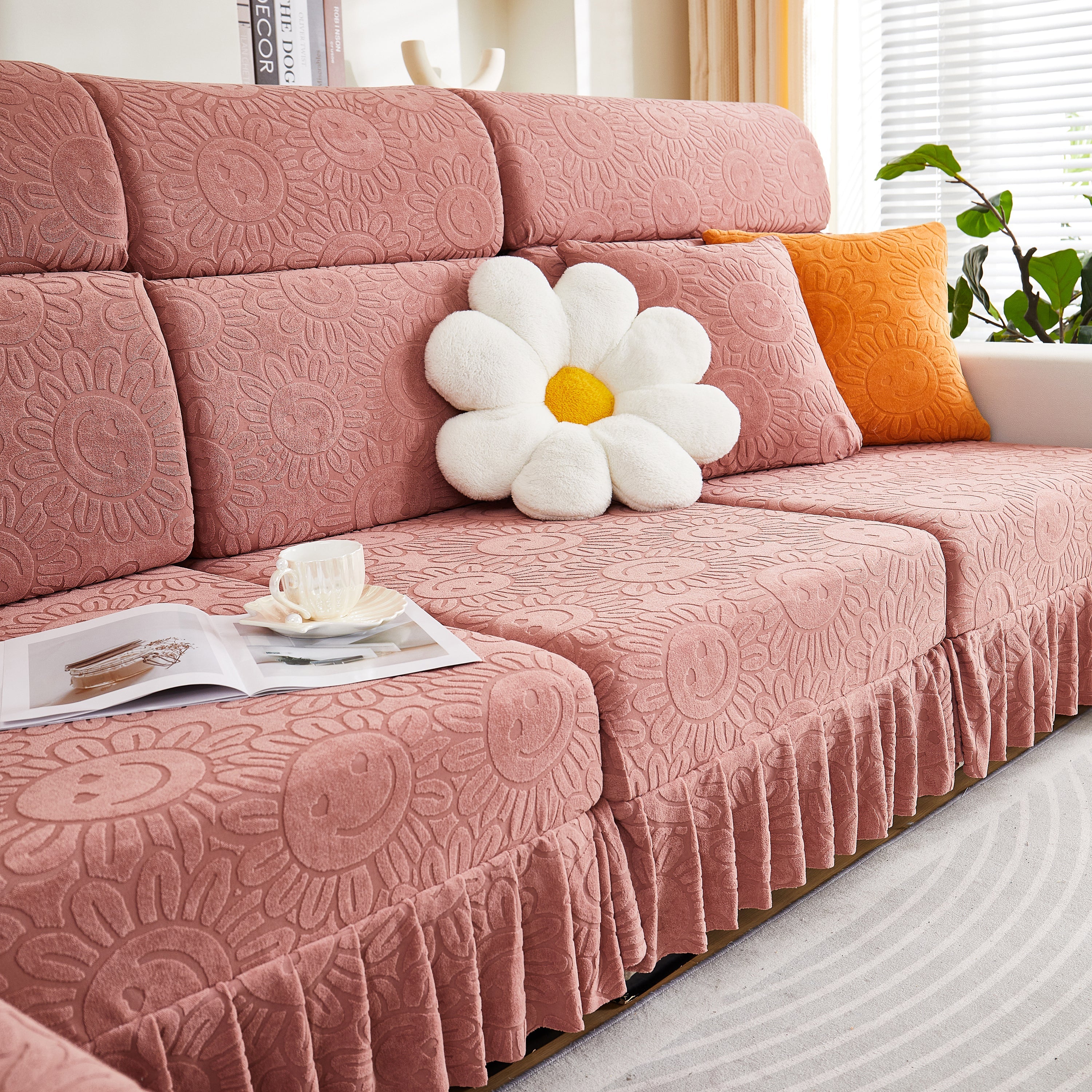 Sofa Seat Cover, Sunflower Patterned Elastic Skirted Couch Cushion Covers for 1/2/3/4-Seater Sofas