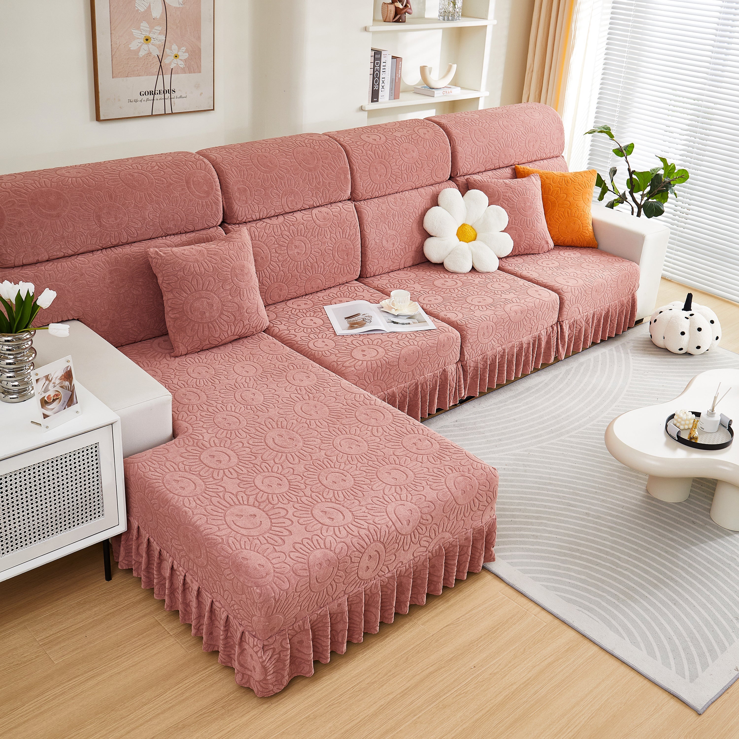 Sofa Seat Cover, Sunflower Patterned Elastic Skirted Couch Cushion Covers for 1/2/3/4-Seater Sofas