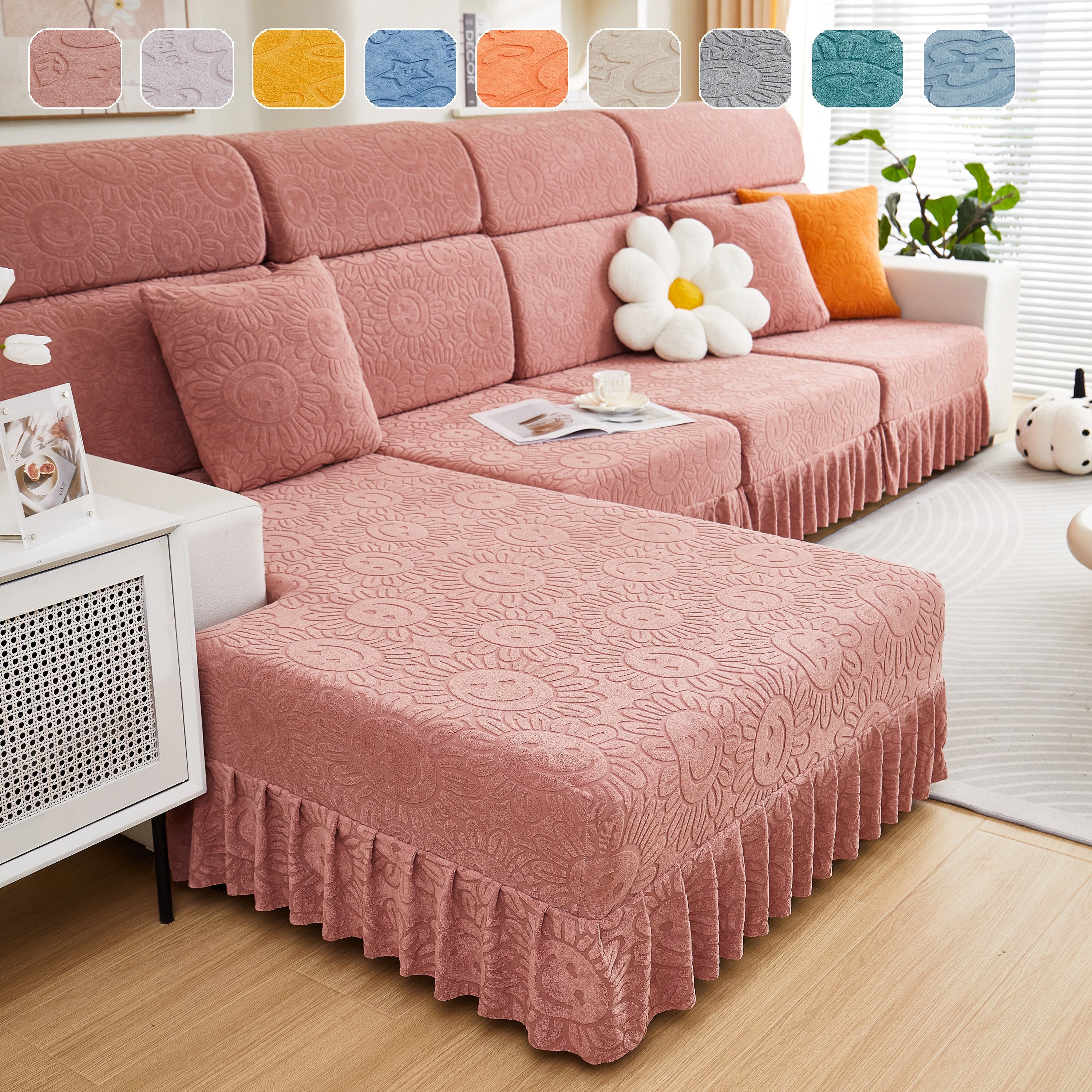 Sofa Seat Cover, Sunflower Patterned Elastic Skirted Couch Cushion Covers for 1/2/3/4-Seater Sofas