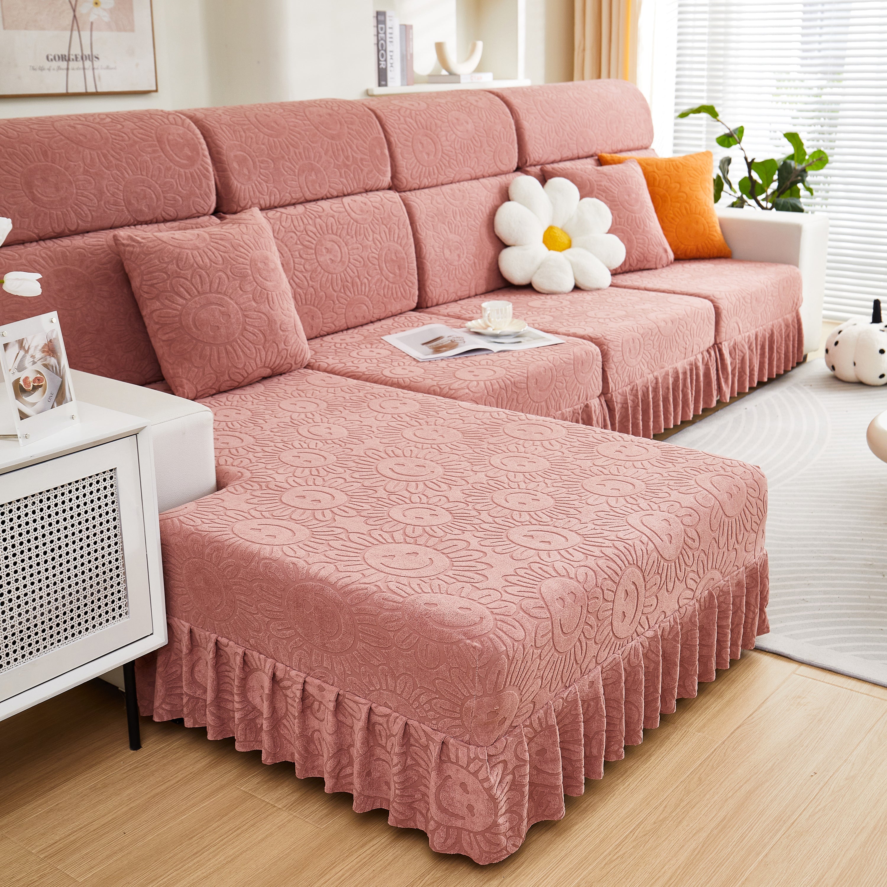 Sofa Seat Cover, Sunflower Patterned Elastic Skirted Couch Cushion Covers for 1/2/3/4-Seater Sofas