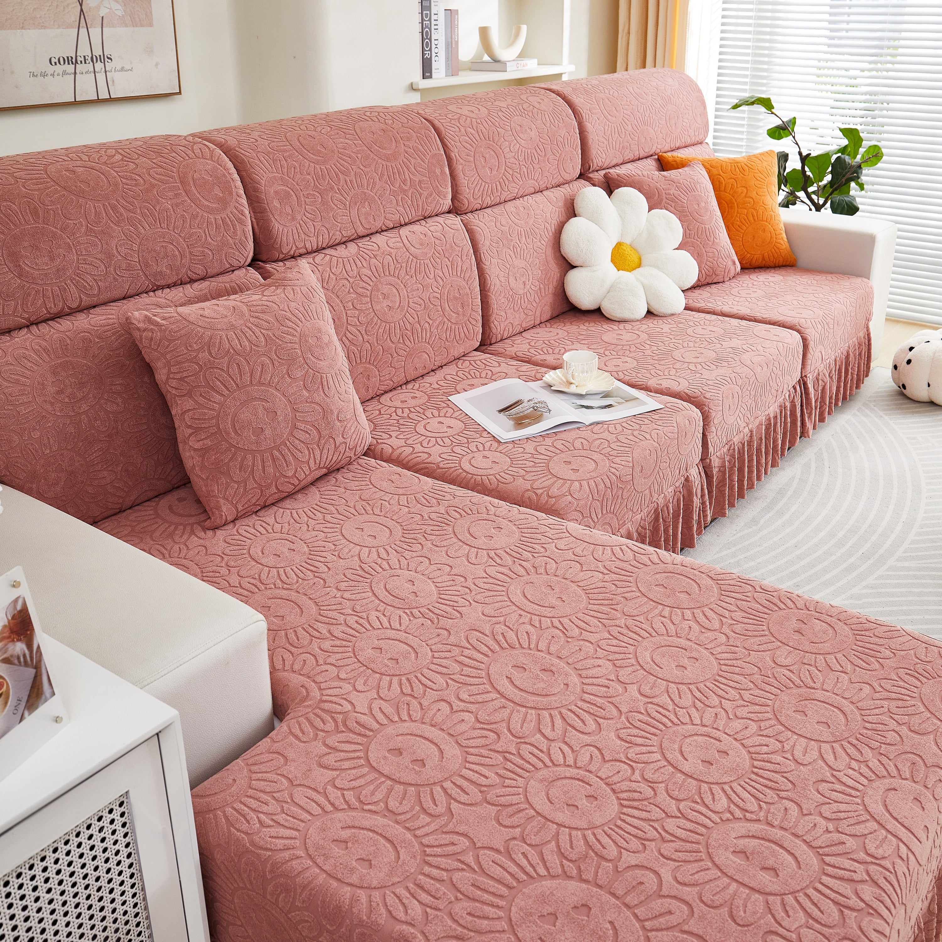 Sofa Seat Cover, Sunflower Patterned Elastic Skirted Couch Cushion Covers for 1/2/3/4-Seater Sofas