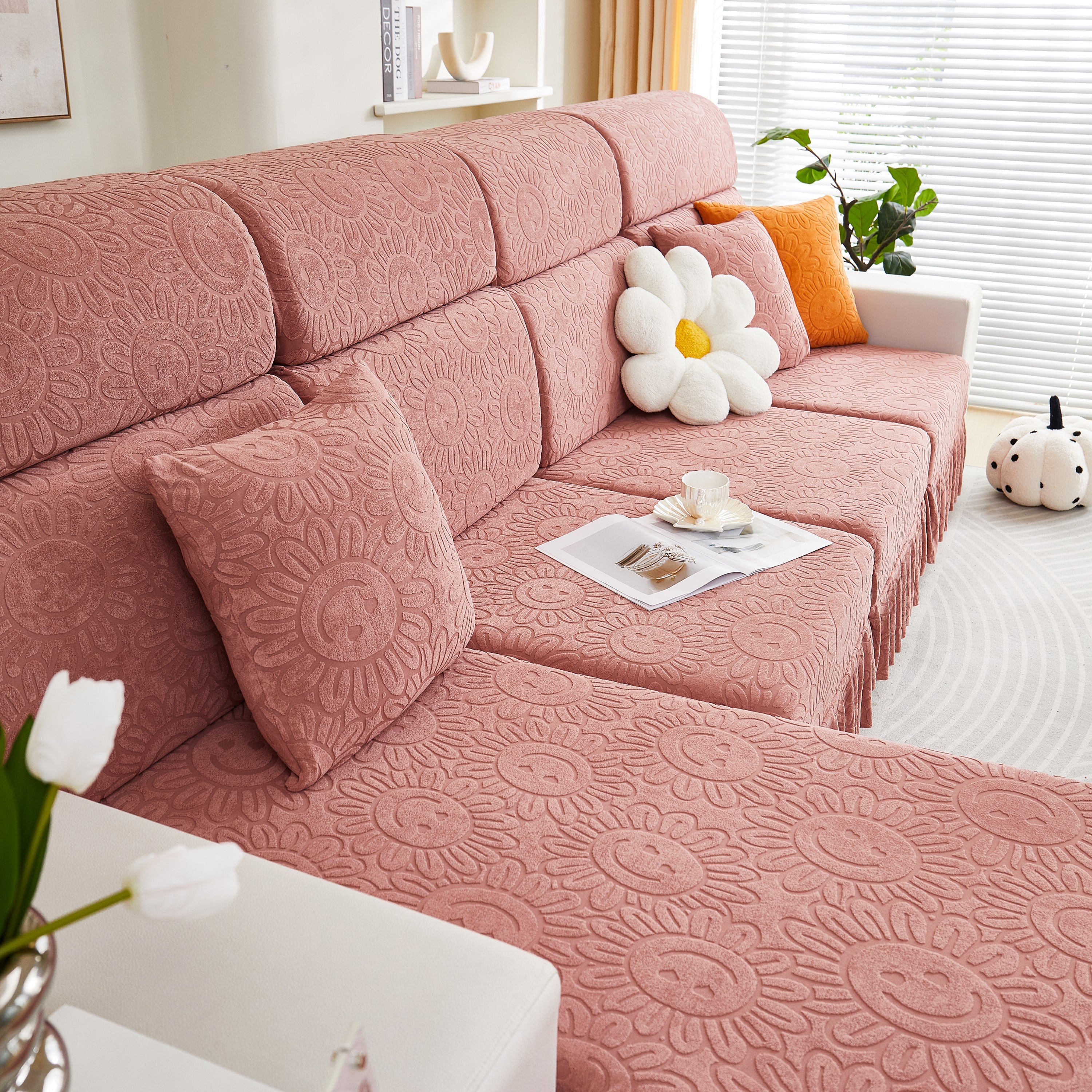 Sofa Seat Cover, Sunflower Patterned Elastic Skirted Couch Cushion Covers for 1/2/3/4-Seater Sofas
