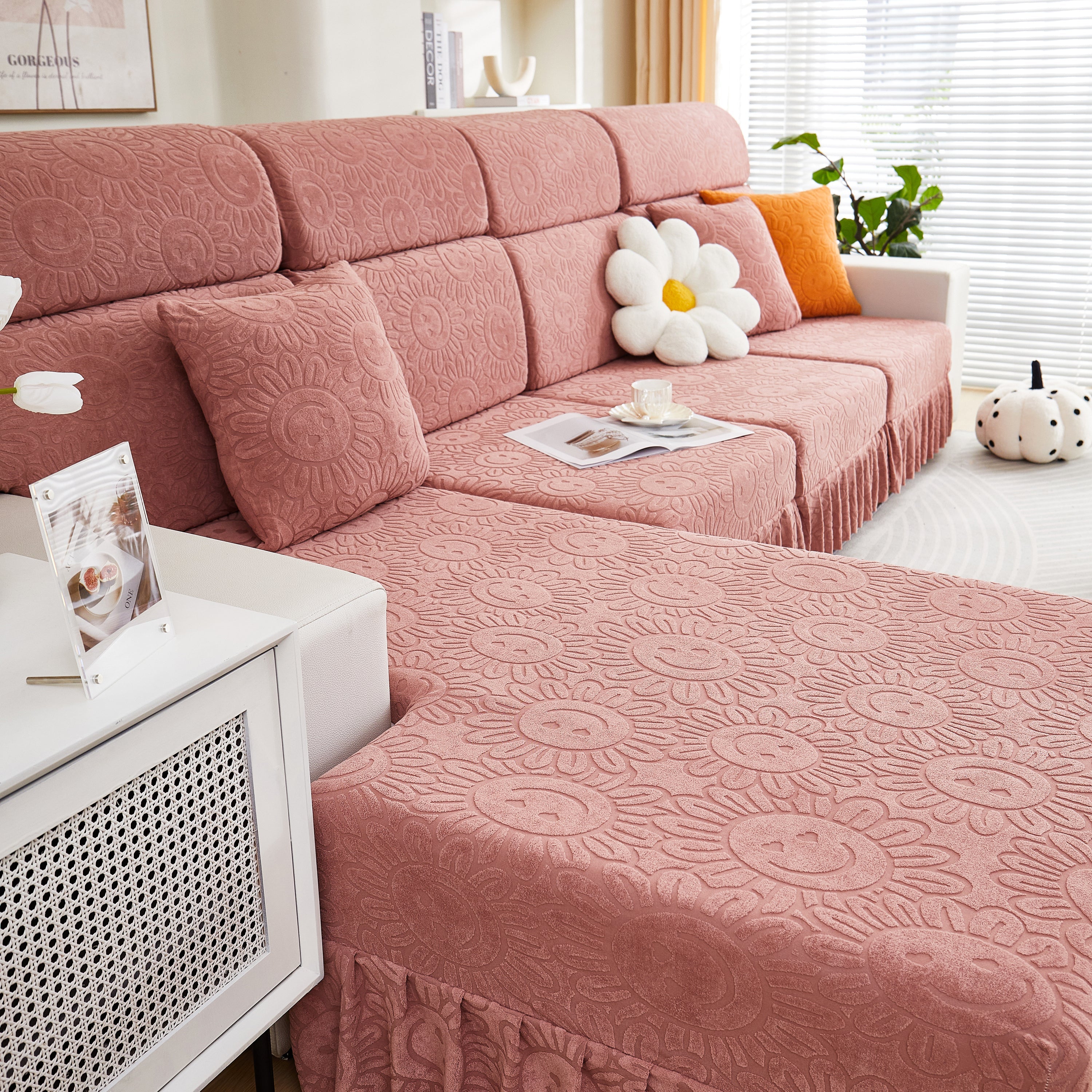 Sofa Seat Cover, Sunflower Patterned Elastic Skirted Couch Cushion Covers for 1/2/3/4-Seater Sofas