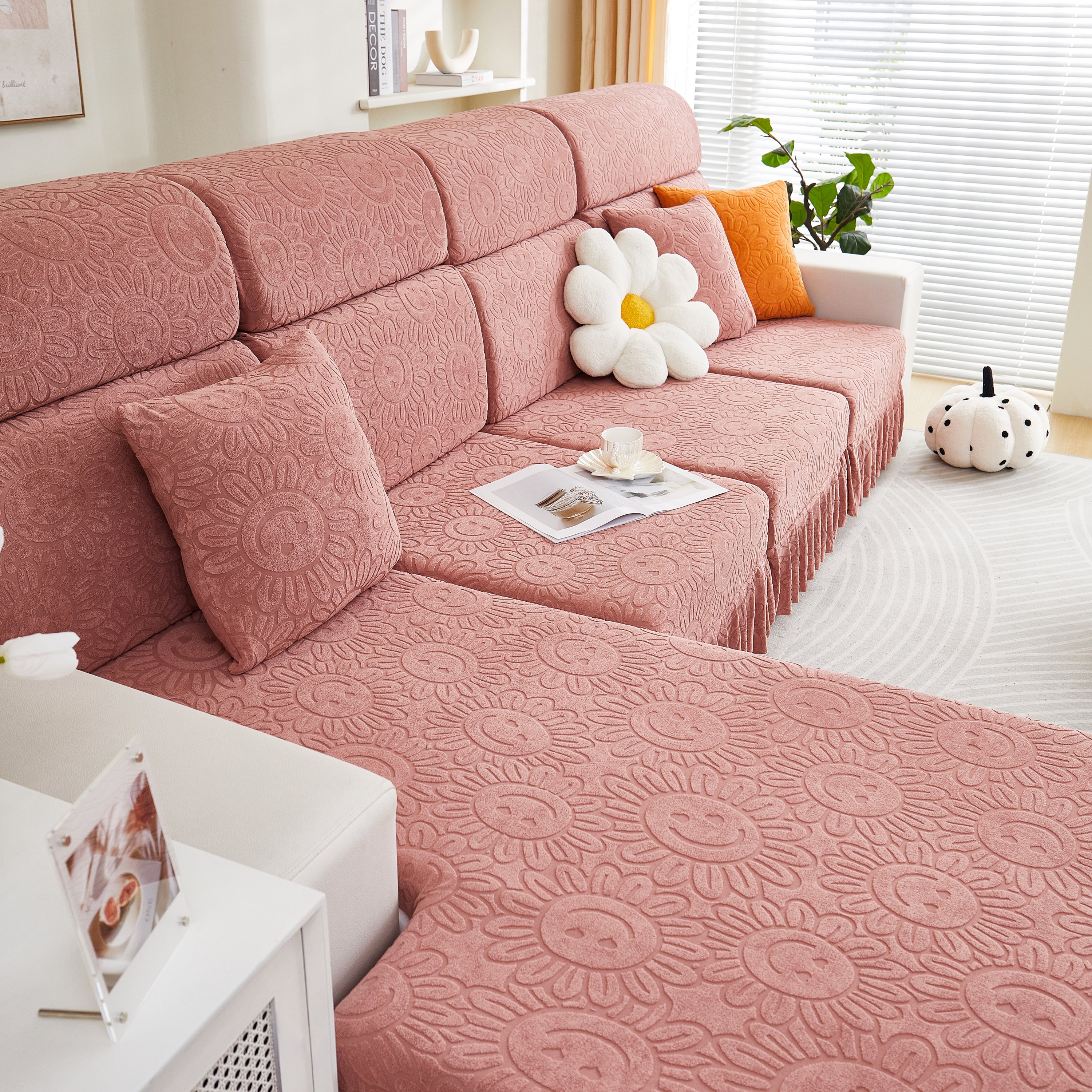 Sofa Seat Cover, Sunflower Patterned Elastic Skirted Couch Cushion Covers for 1/2/3/4-Seater Sofas