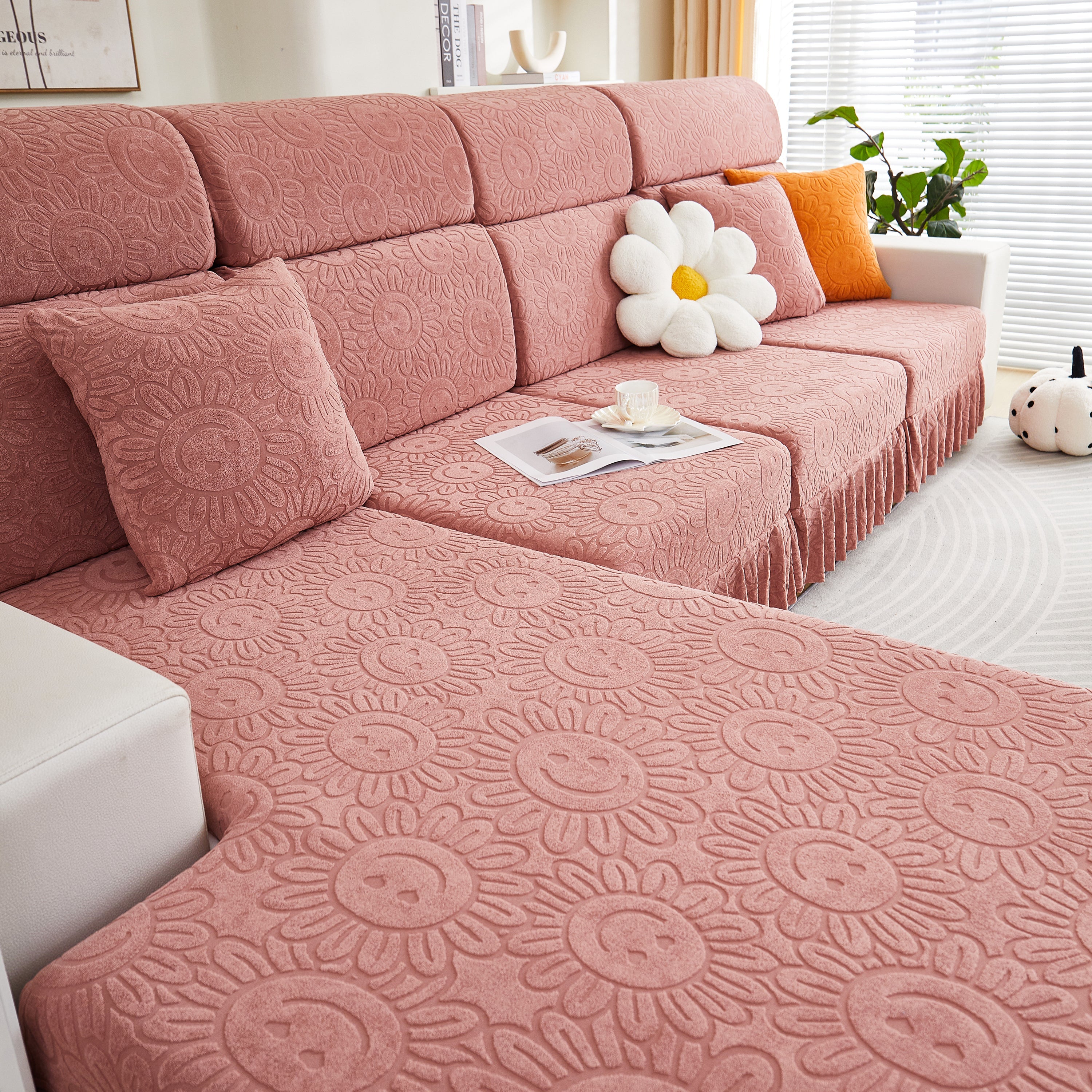 Sofa Seat Cover, Sunflower Patterned Elastic Skirted Couch Cushion Covers for 1/2/3/4-Seater Sofas