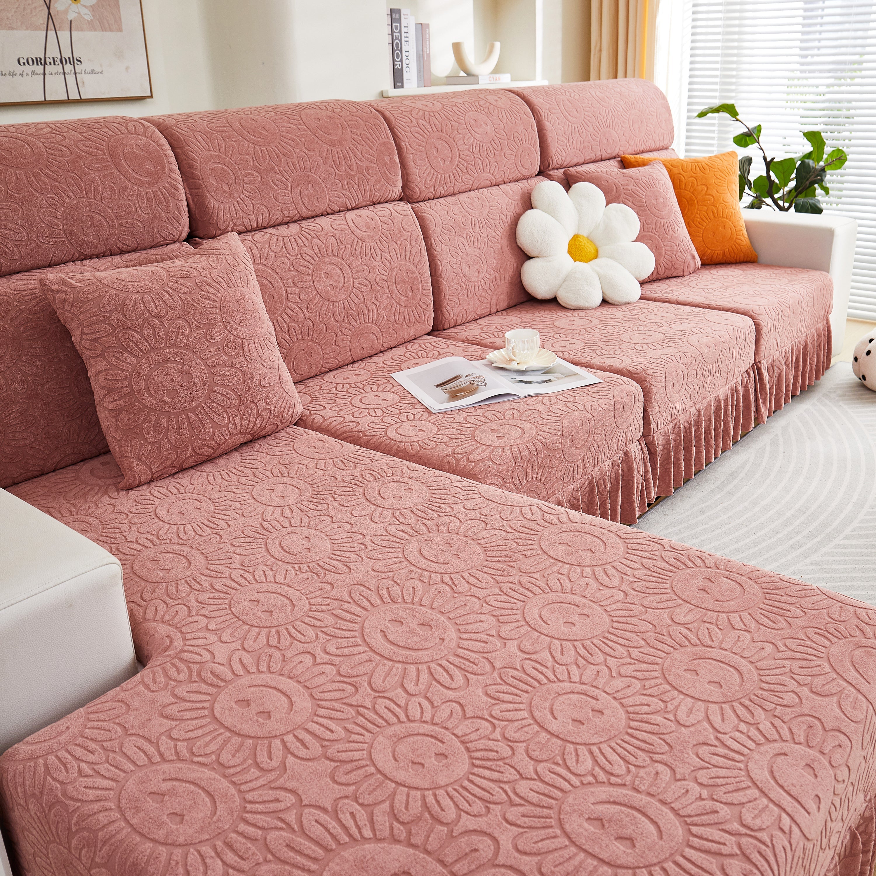 Sofa Seat Cover, Sunflower Patterned Elastic Skirted Couch Cushion Covers for 1/2/3/4-Seater Sofas