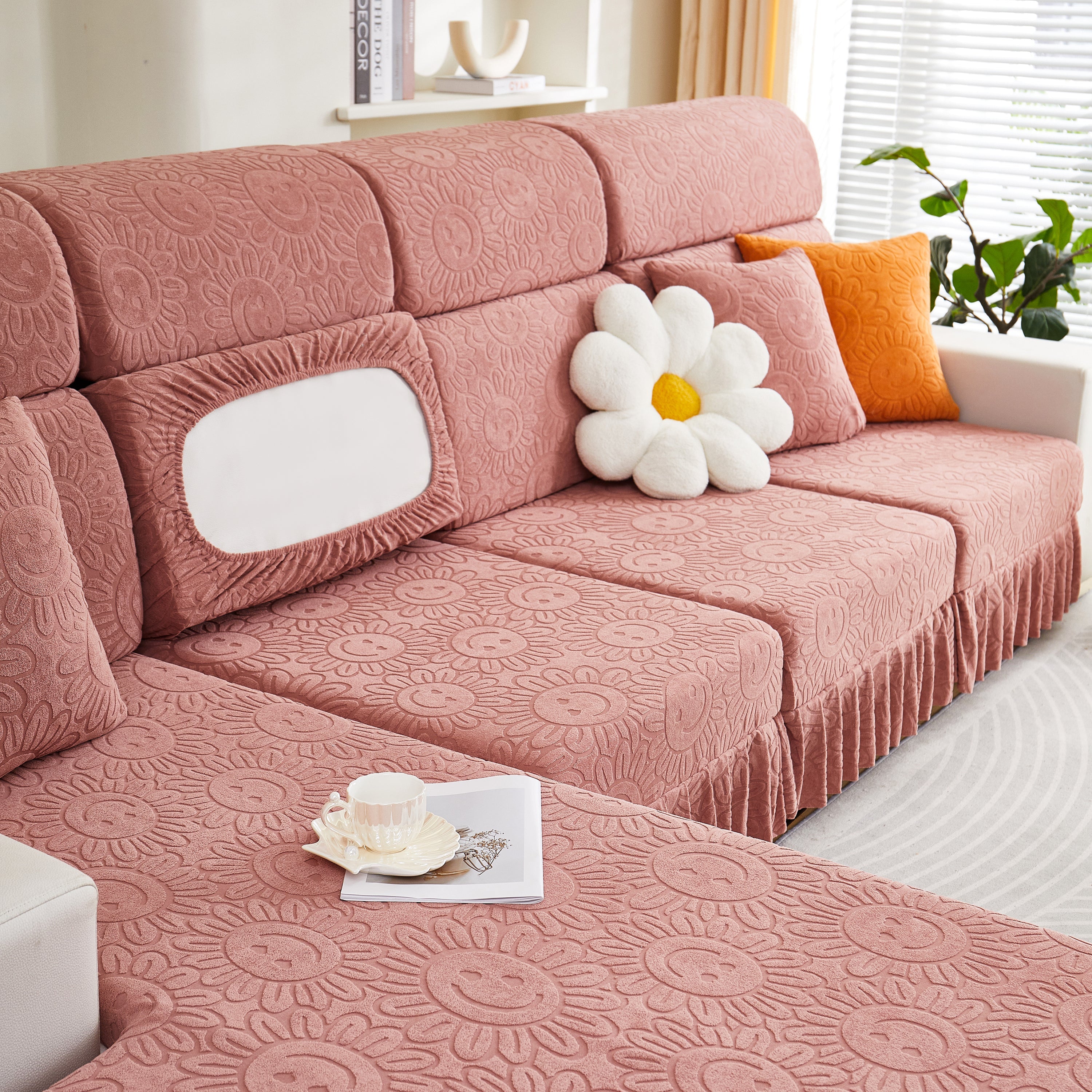 Sofa Seat Cover, Sunflower Patterned Elastic Skirted Couch Cushion Covers for 1/2/3/4-Seater Sofas
