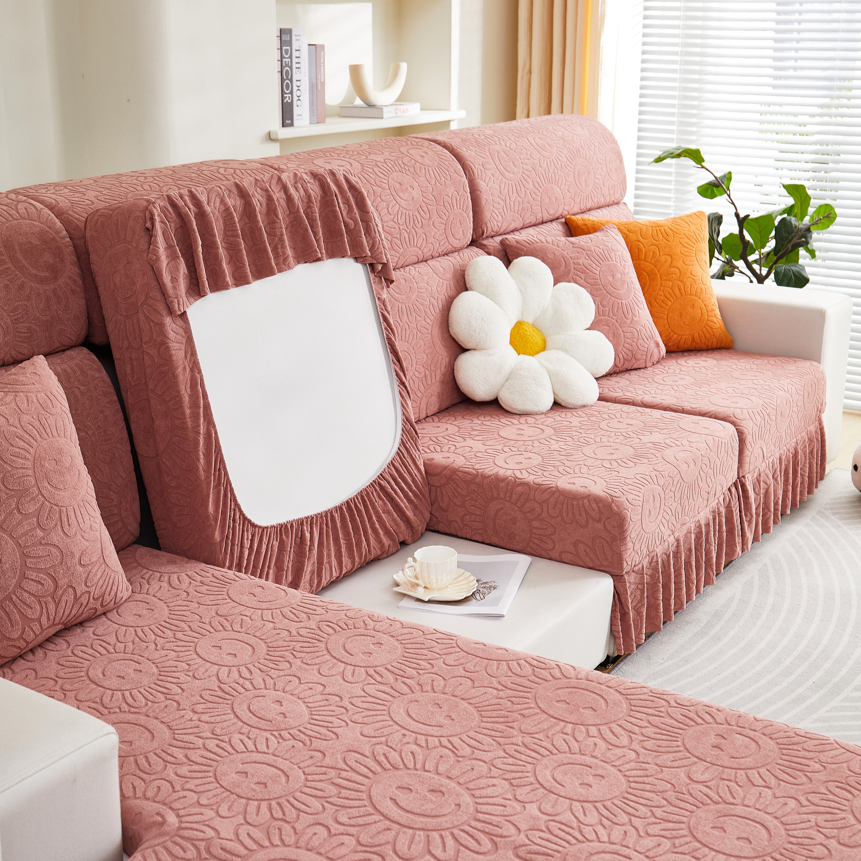Sofa Seat Cover, Sunflower Patterned Elastic Skirted Couch Cushion Covers for 1/2/3/4-Seater Sofas