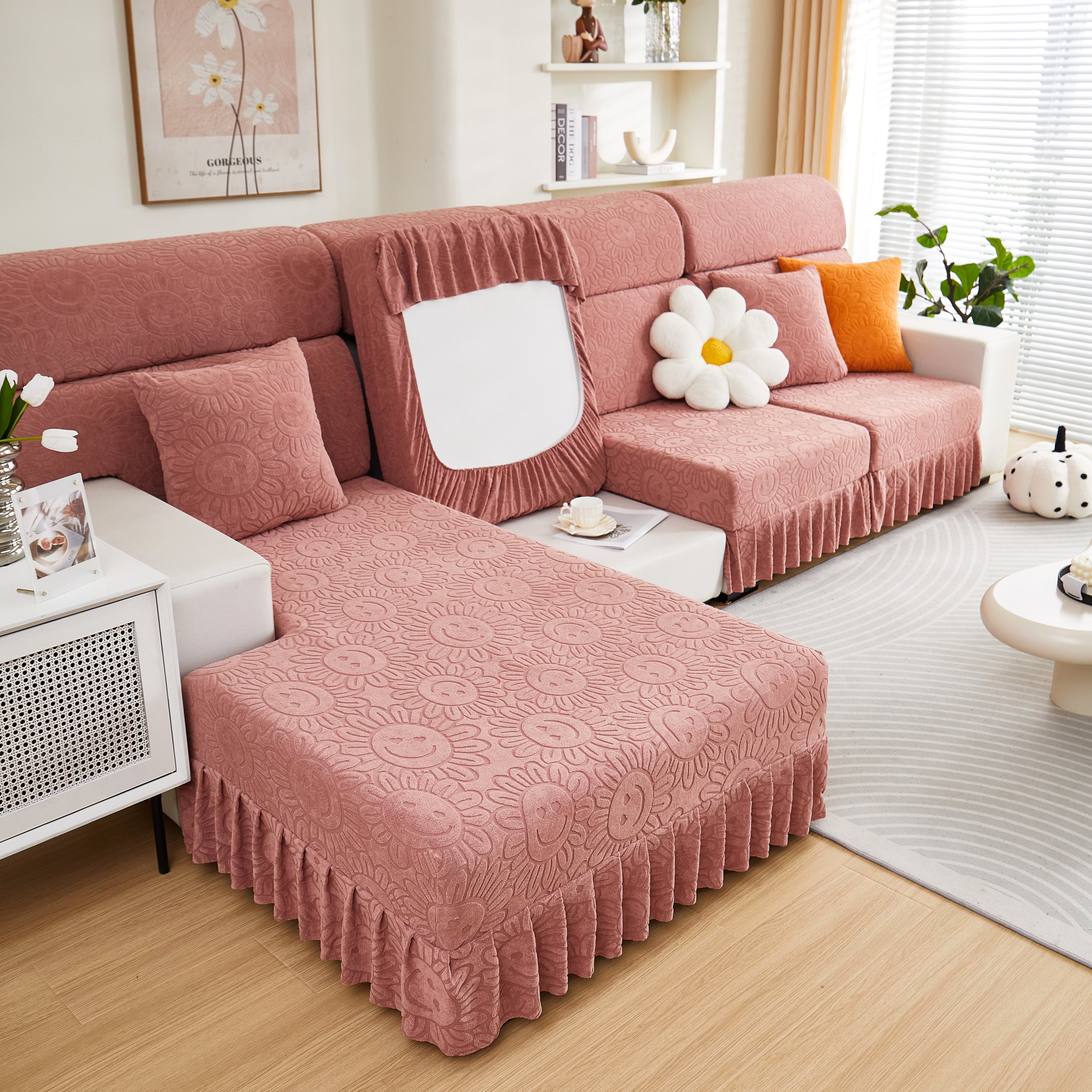Sofa Seat Cover, Sunflower Patterned Elastic Skirted Couch Cushion Covers for 1/2/3/4-Seater Sofas