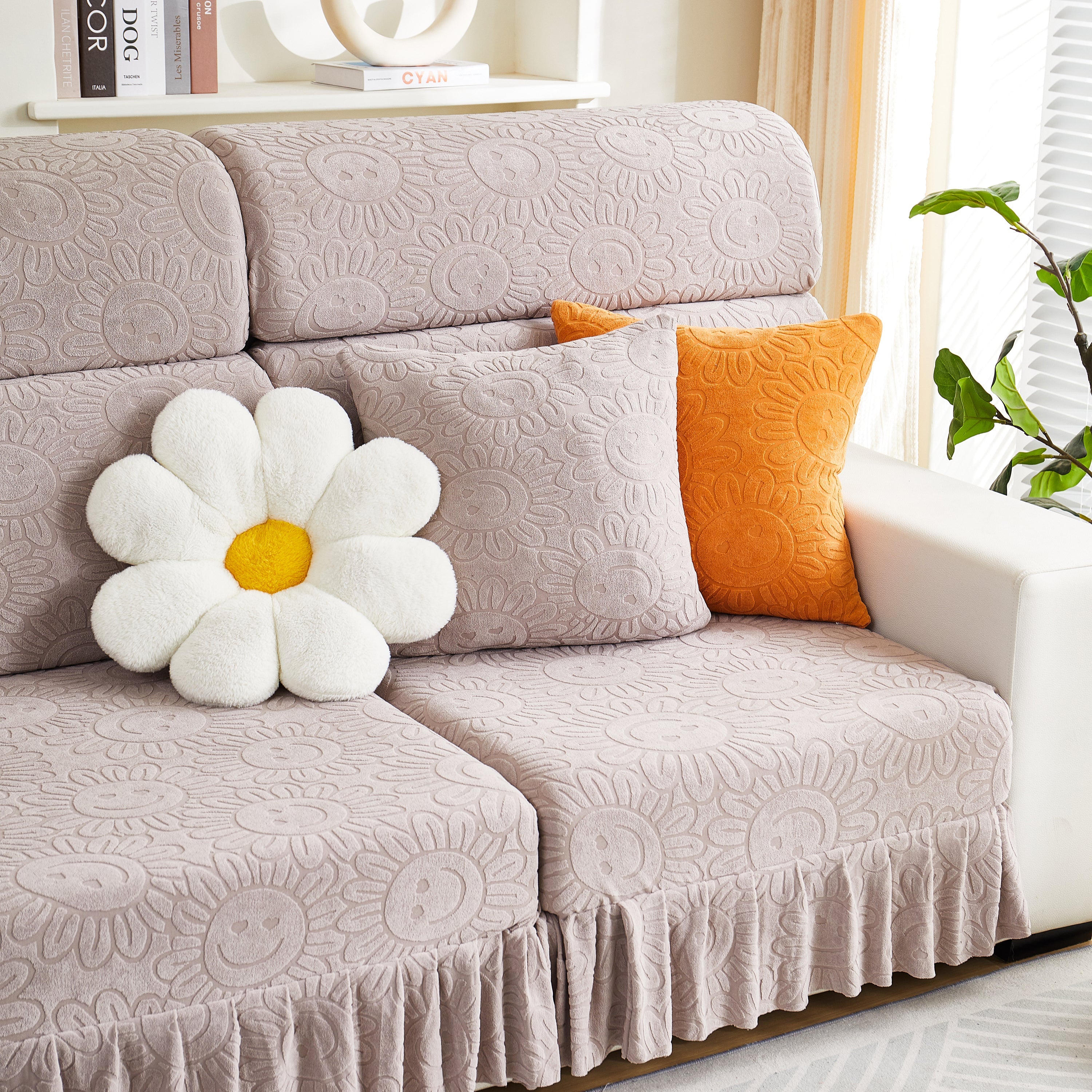 Sofa Seat Cover, Sunflower Patterned Elastic Skirted Couch Cushion Covers for 1/2/3/4-Seater Sofas