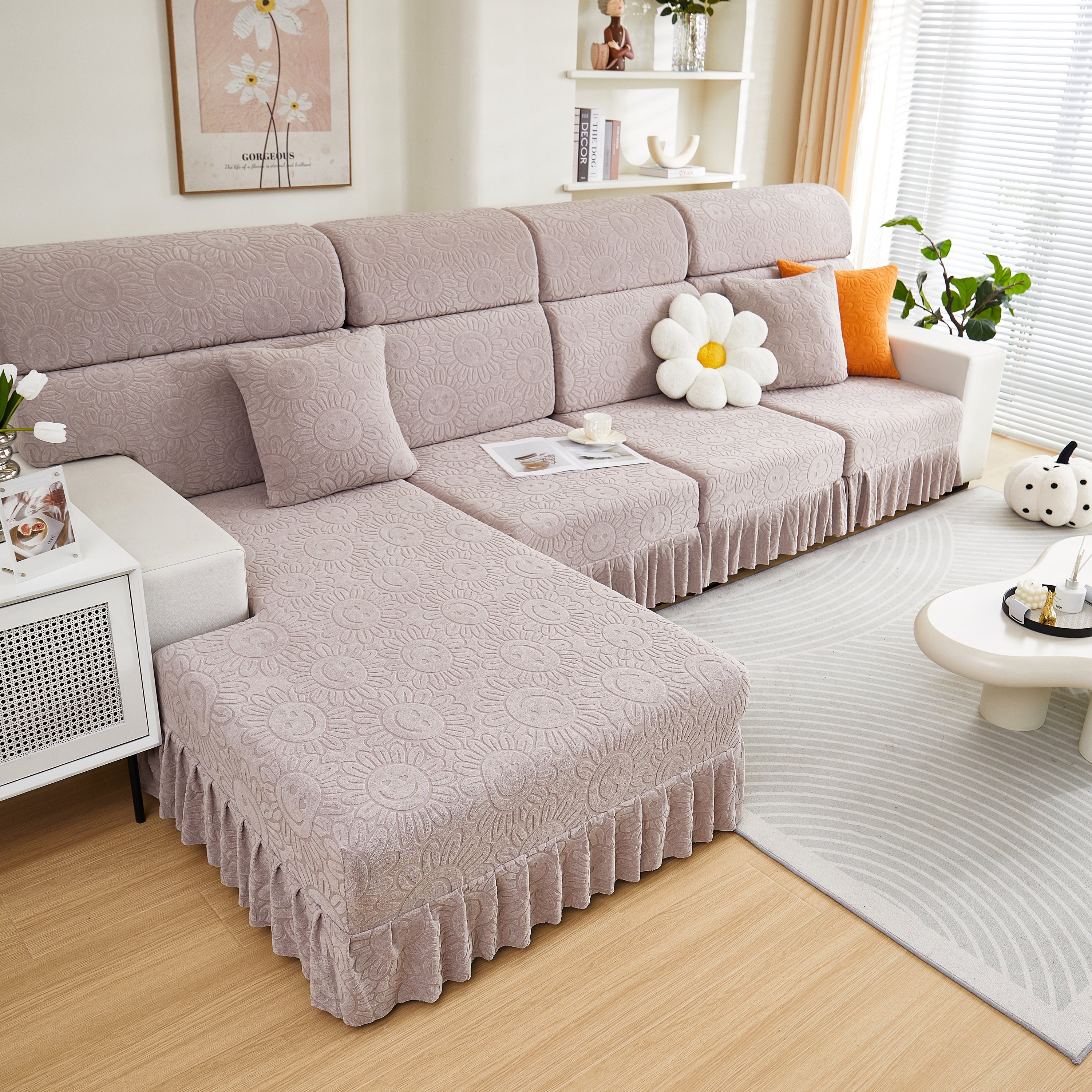 Sofa Seat Cover, Sunflower Patterned Elastic Skirted Couch Cushion Covers for 1/2/3/4-Seater Sofas