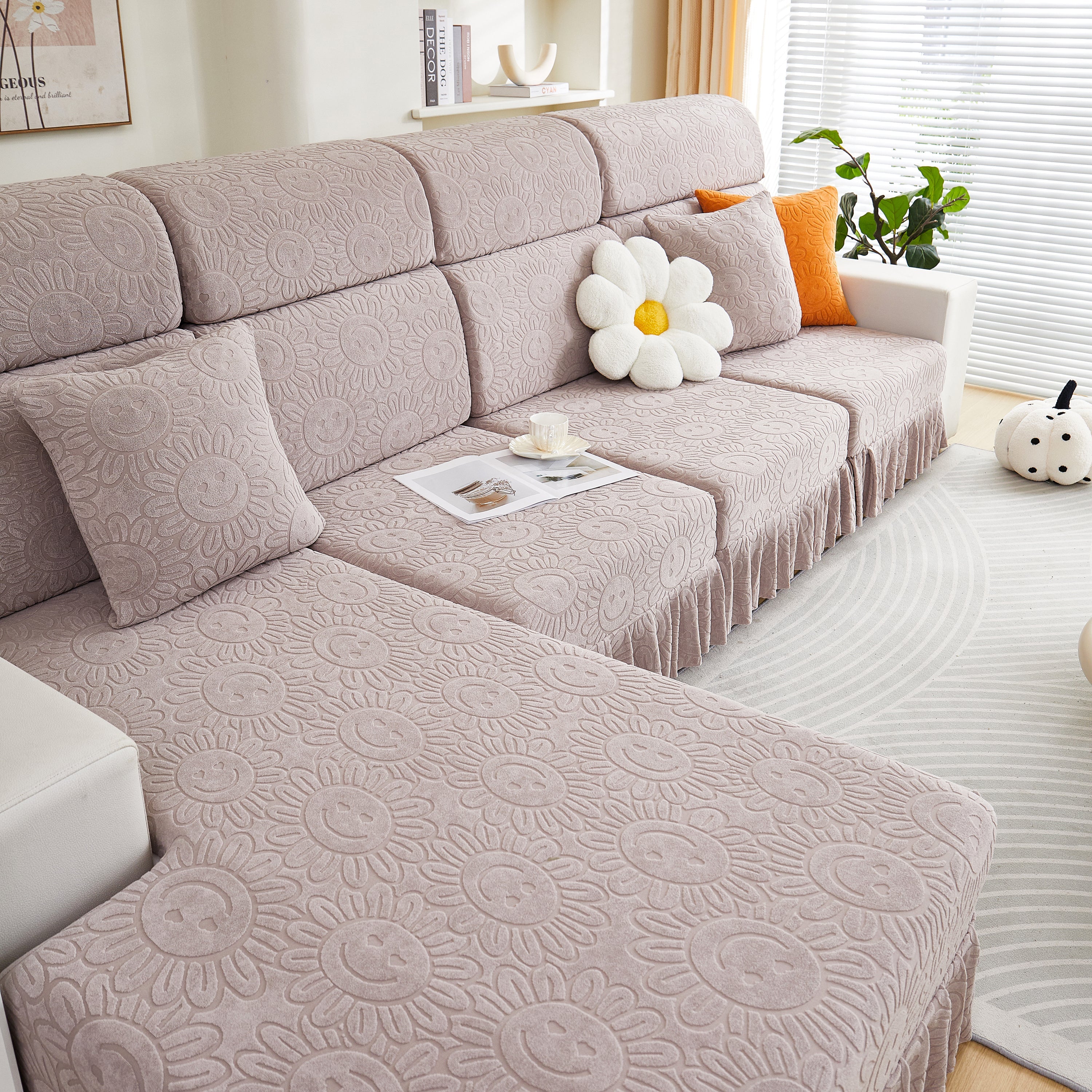 Sofa Seat Cover, Sunflower Patterned Elastic Skirted Couch Cushion Covers for 1/2/3/4-Seater Sofas