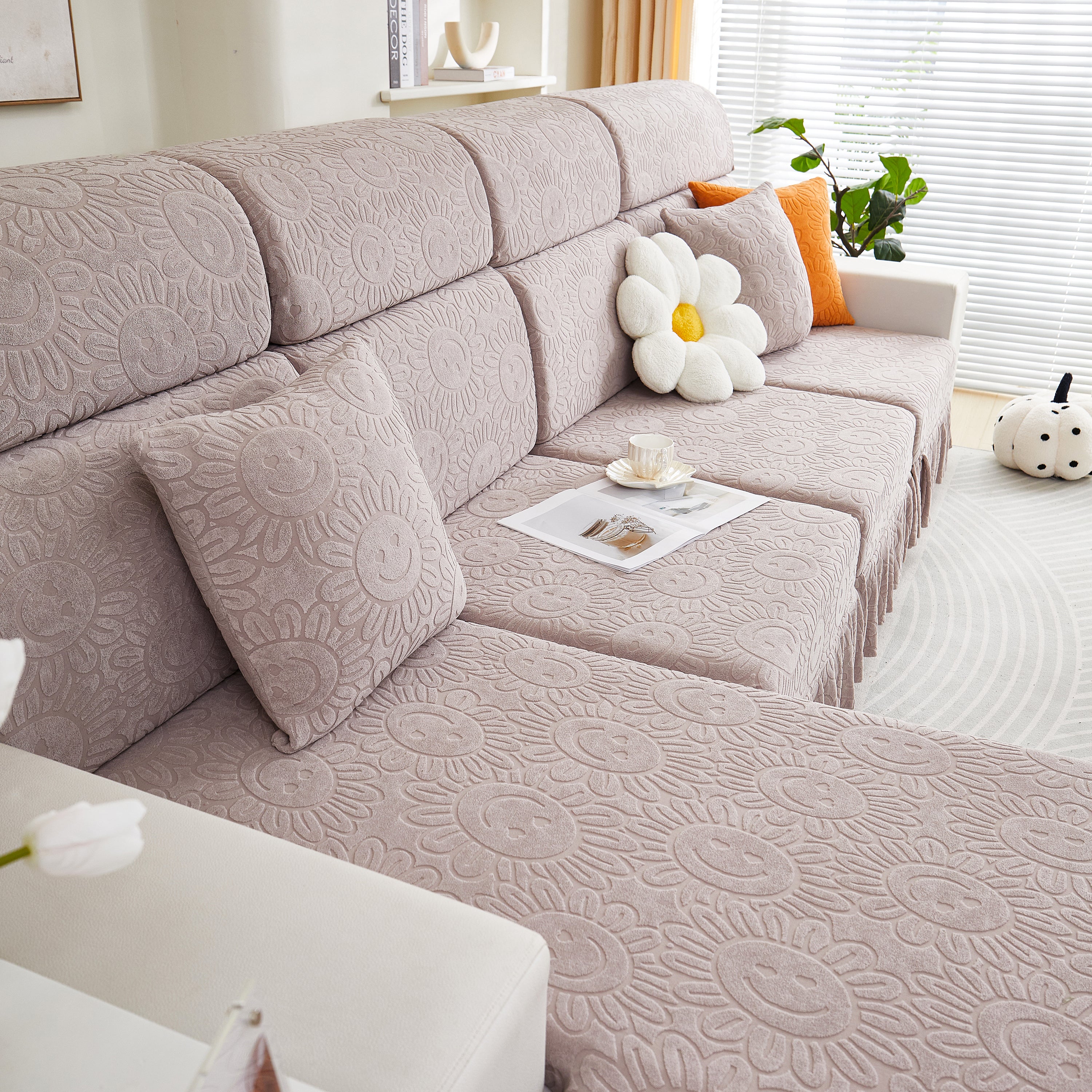 Sofa Seat Cover, Sunflower Patterned Elastic Skirted Couch Cushion Covers for 1/2/3/4-Seater Sofas