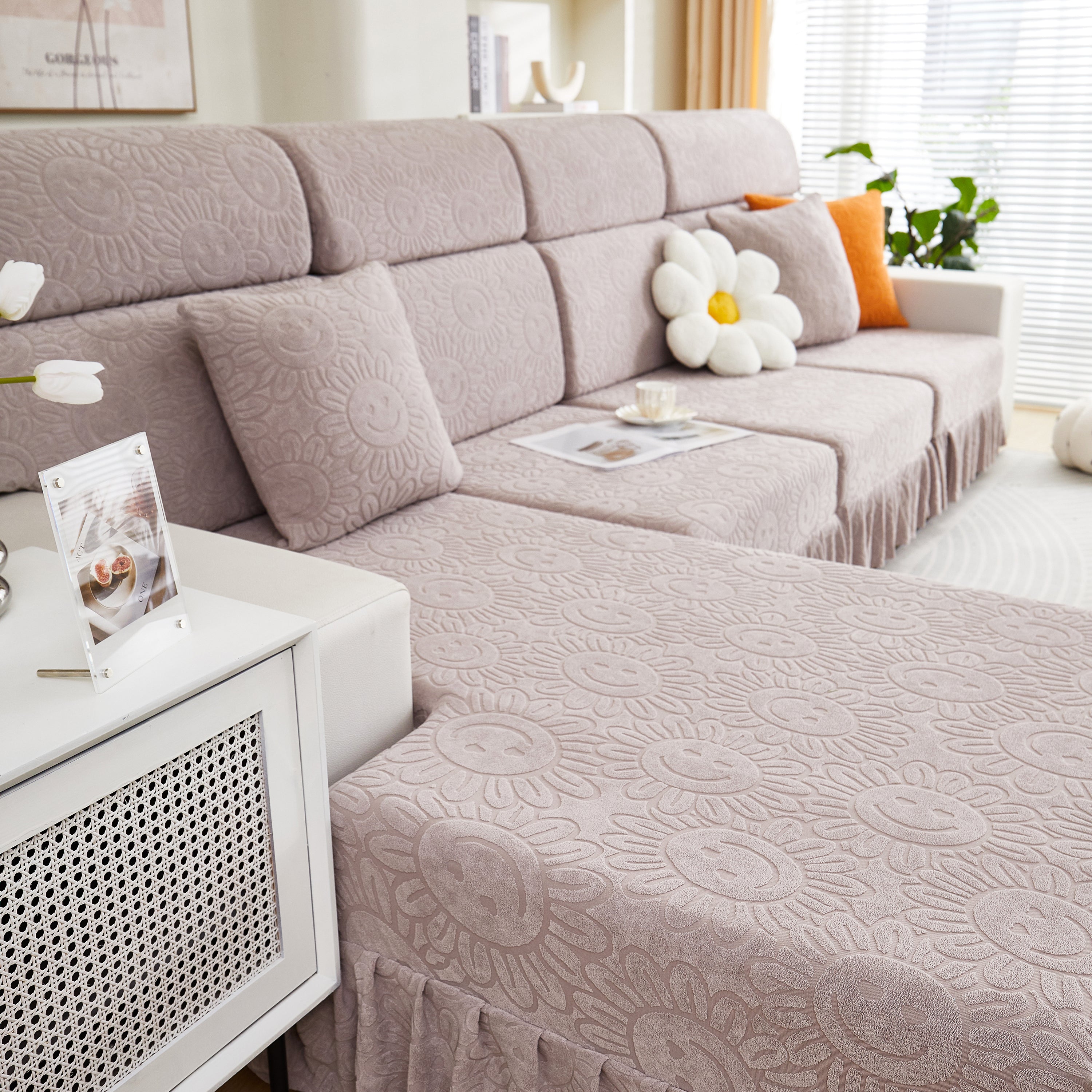 Sofa Seat Cover, Sunflower Patterned Elastic Skirted Couch Cushion Covers for 1/2/3/4-Seater Sofas