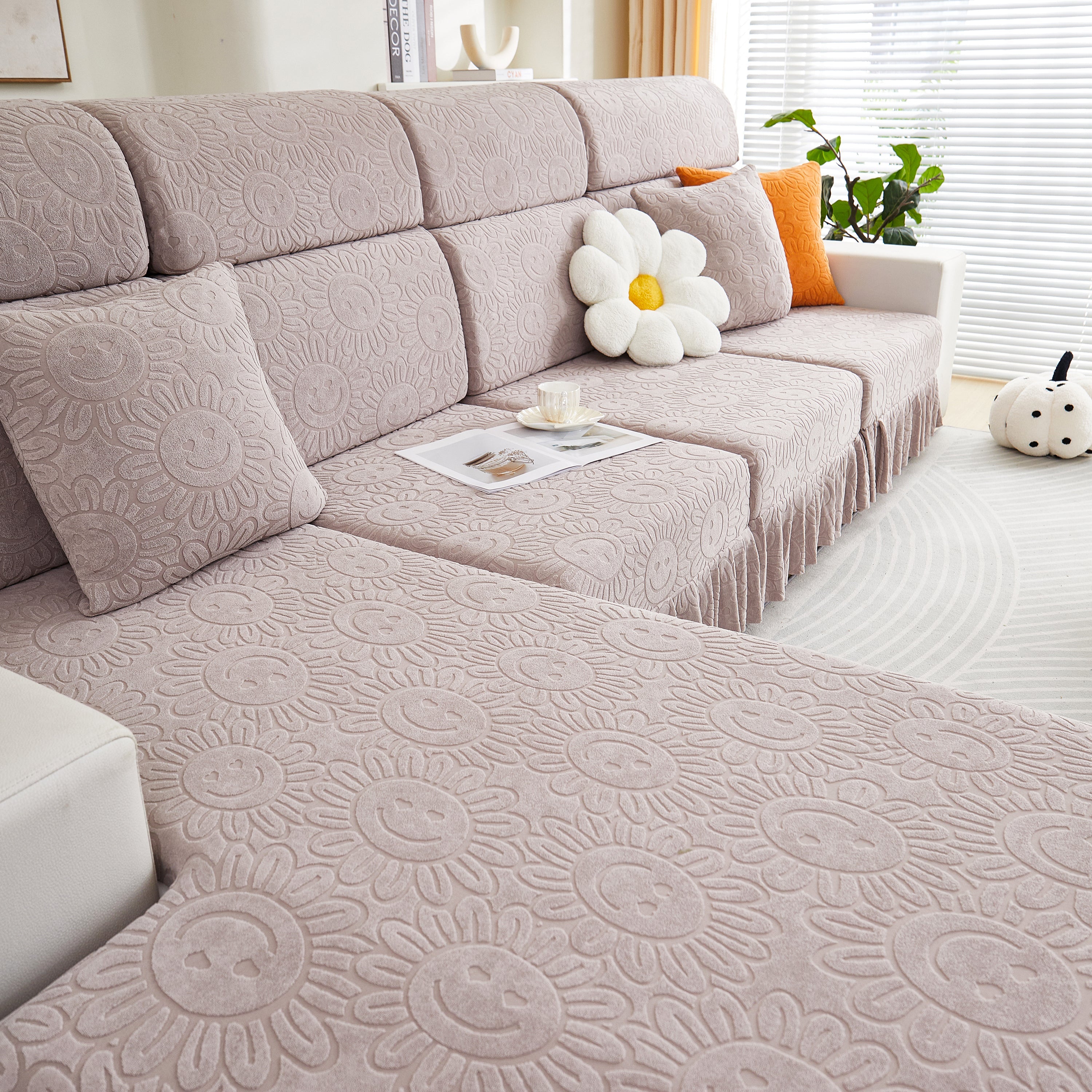 Sofa Seat Cover, Sunflower Patterned Elastic Skirted Couch Cushion Covers for 1/2/3/4-Seater Sofas
