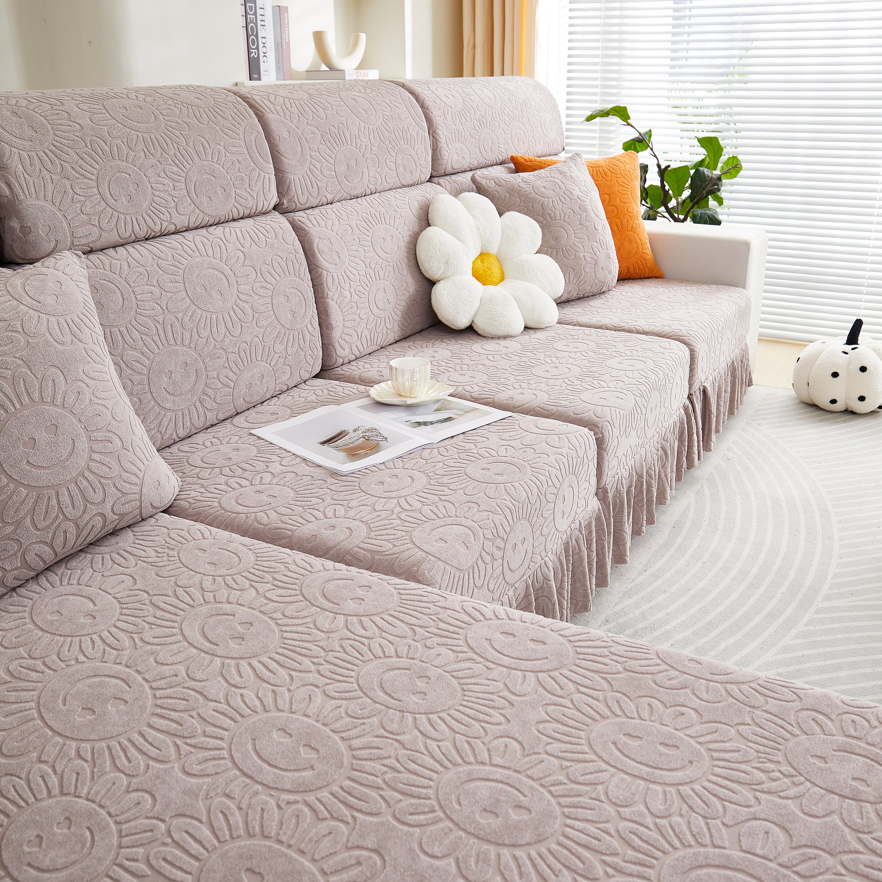 Sofa Seat Cover, Sunflower Patterned Elastic Skirted Couch Cushion Covers for 1/2/3/4-Seater Sofas