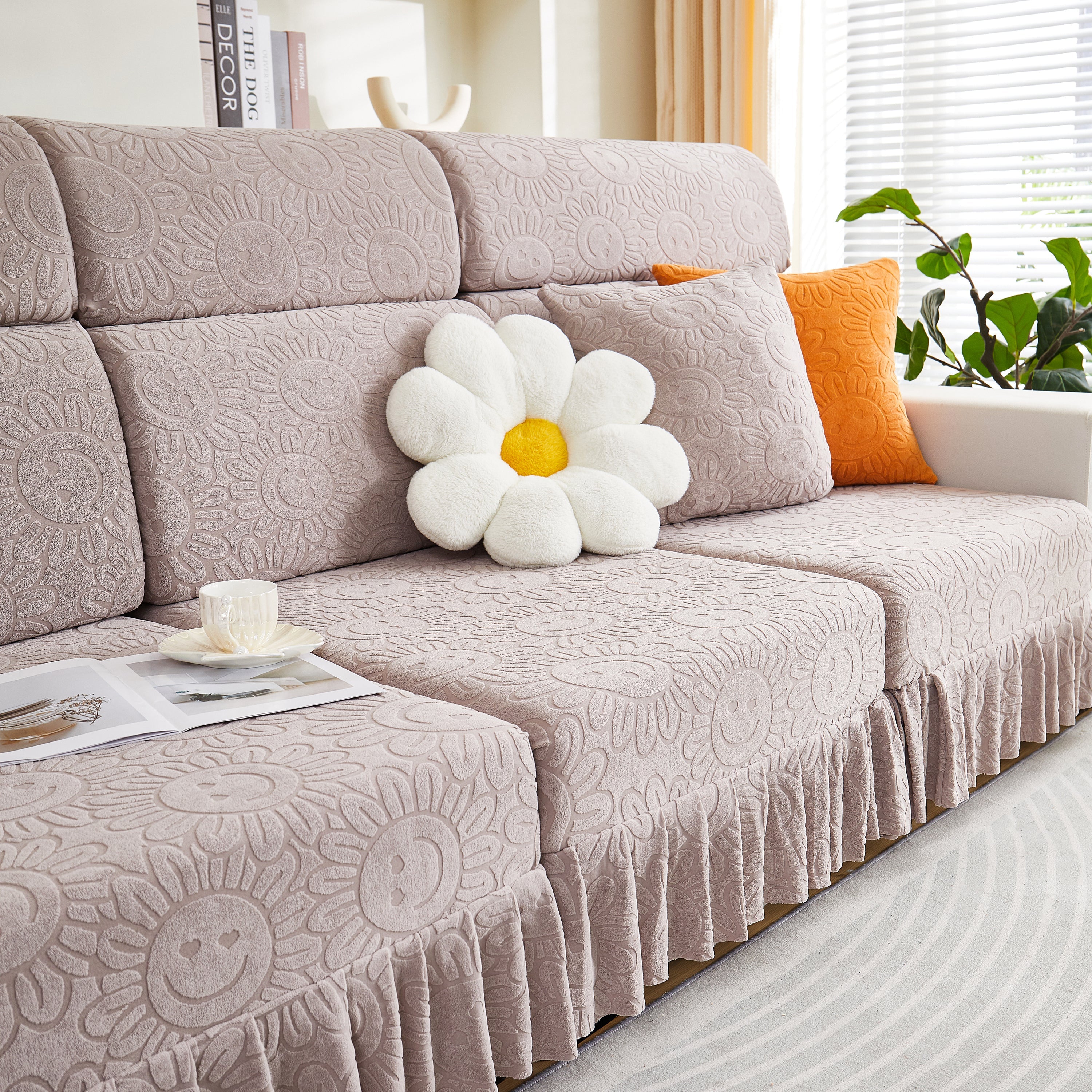 Sofa Seat Cover, Sunflower Patterned Elastic Skirted Couch Cushion Covers for 1/2/3/4-Seater Sofas