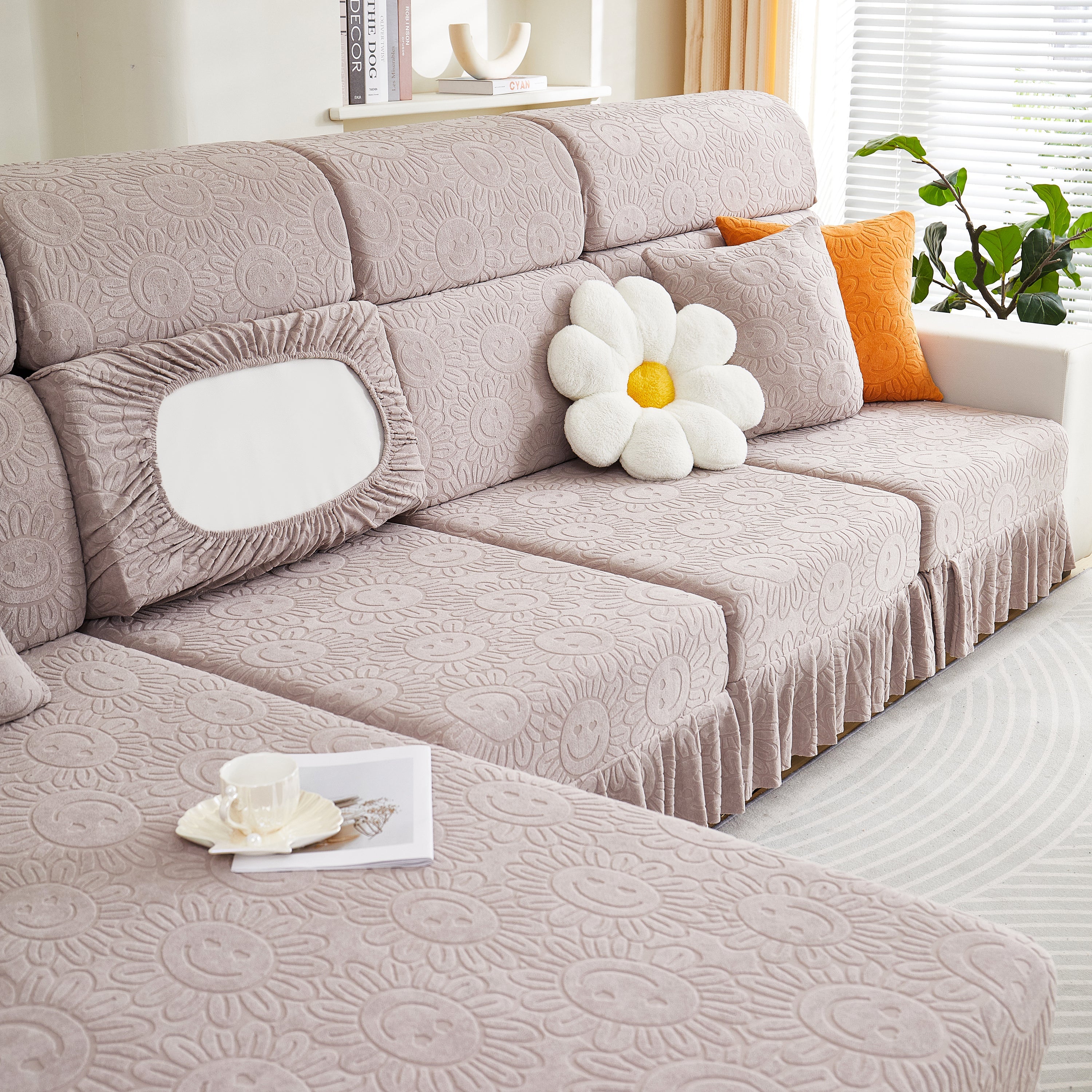 Sofa Seat Cover, Sunflower Patterned Elastic Skirted Couch Cushion Covers for 1/2/3/4-Seater Sofas