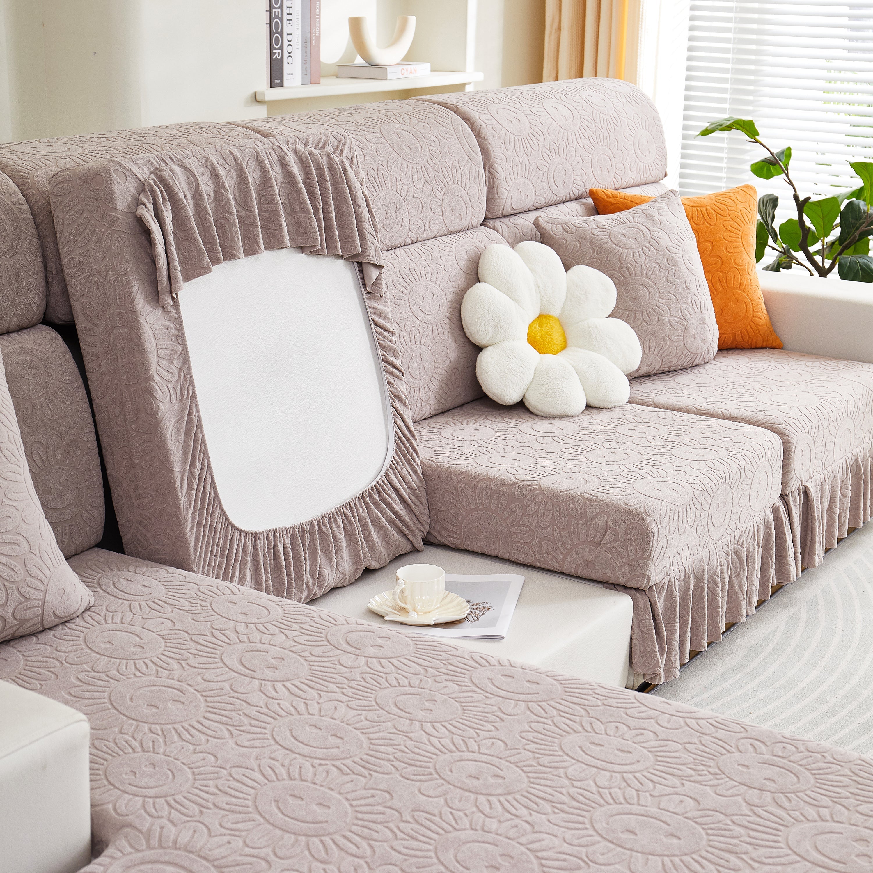 Sofa Seat Cover, Sunflower Patterned Elastic Skirted Couch Cushion Covers for 1/2/3/4-Seater Sofas