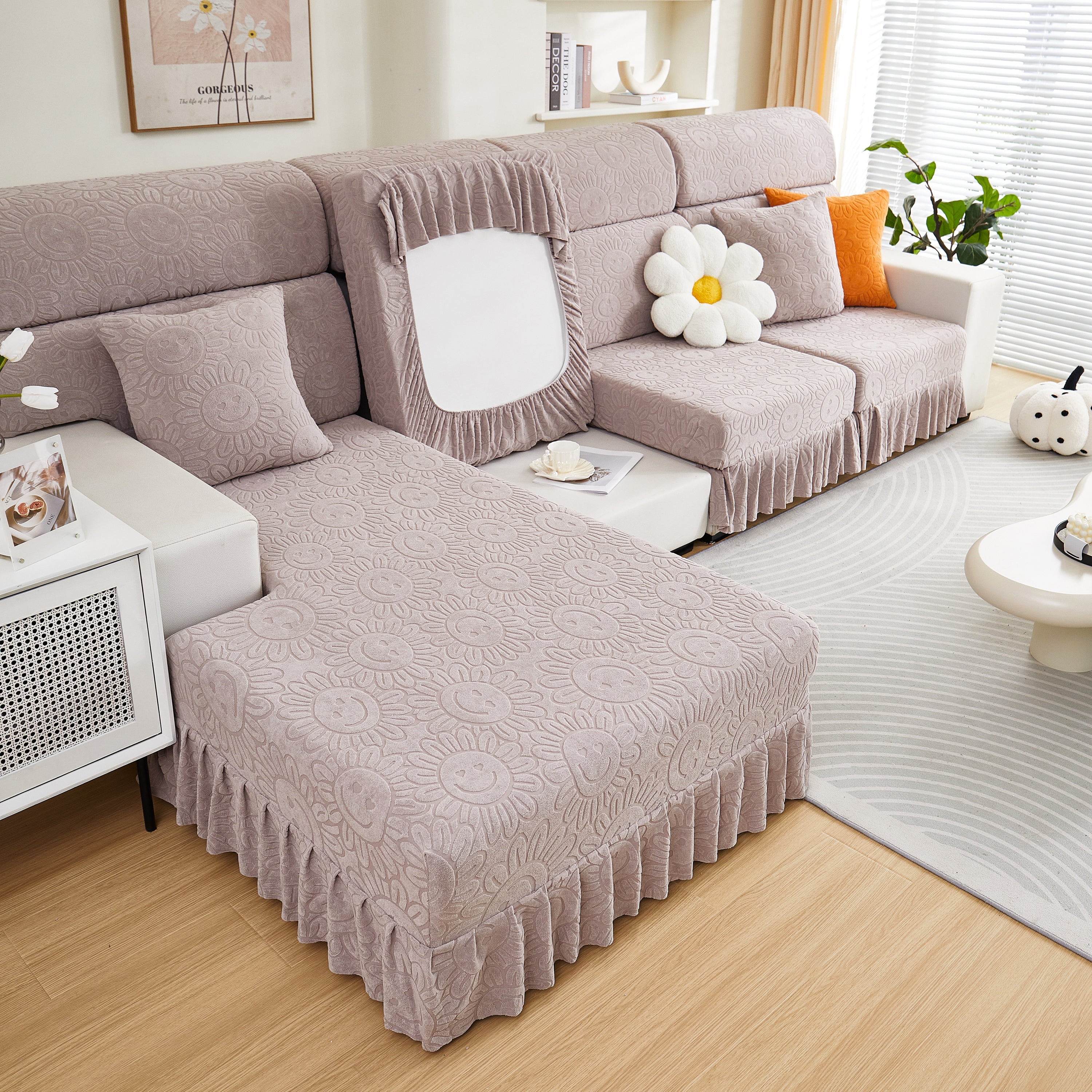Sofa Seat Cover, Sunflower Patterned Elastic Skirted Couch Cushion Covers for 1/2/3/4-Seater Sofas