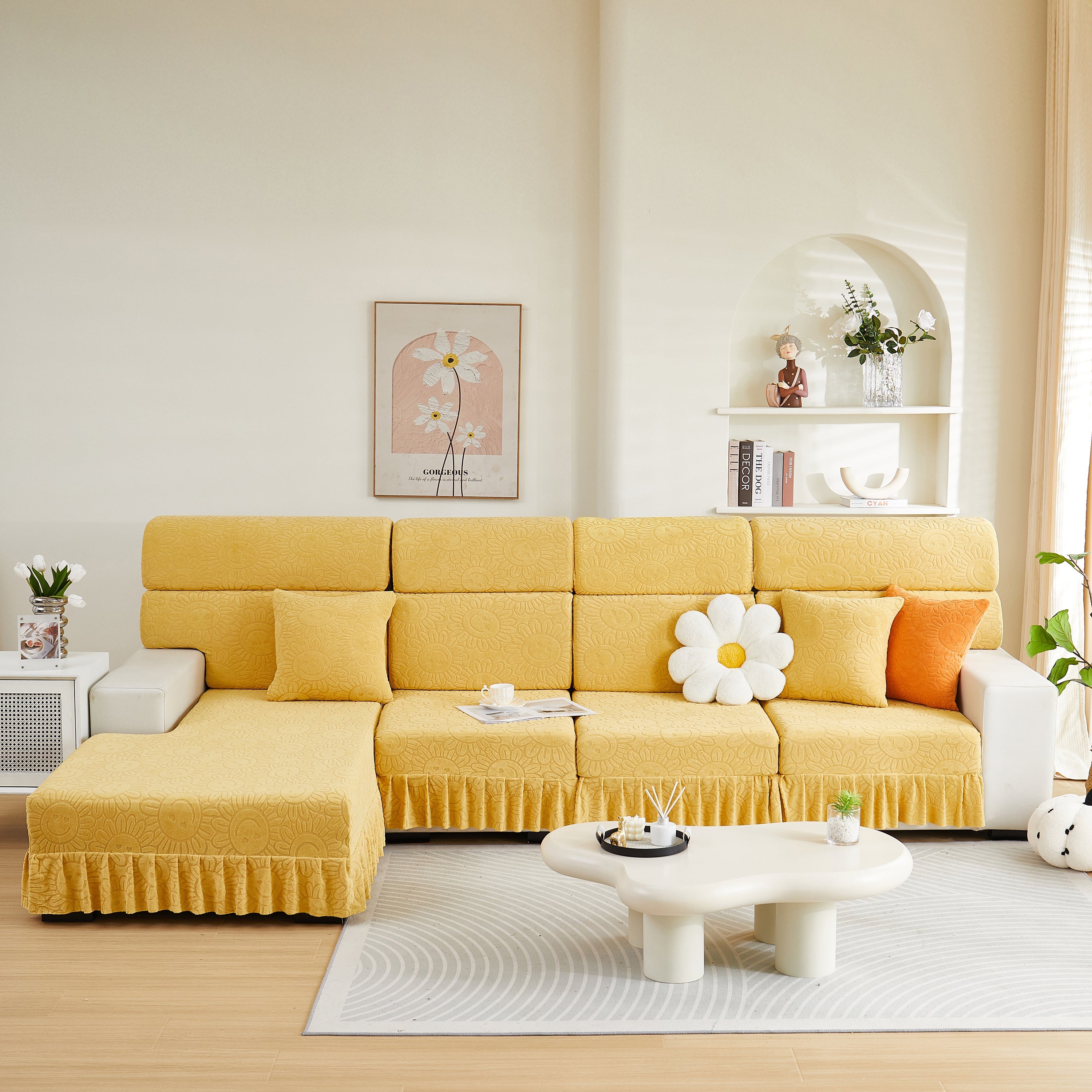 Sofa Seat Cover, Sunflower Patterned Elastic Skirted Couch Cushion Covers for 1/2/3/4-Seater Sofas