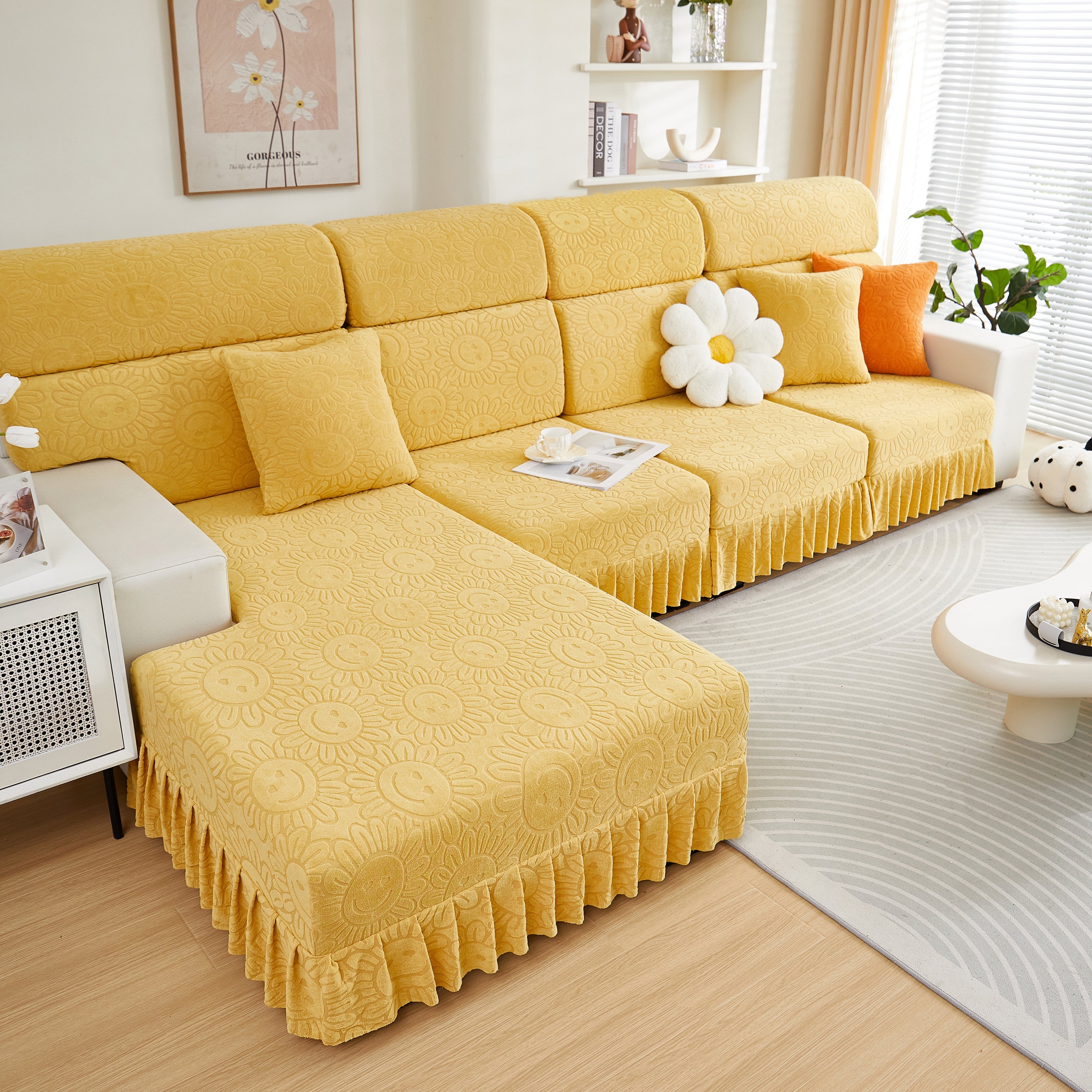 Sofa Seat Cover, Sunflower Patterned Elastic Skirted Couch Cushion Covers for 1/2/3/4-Seater Sofas