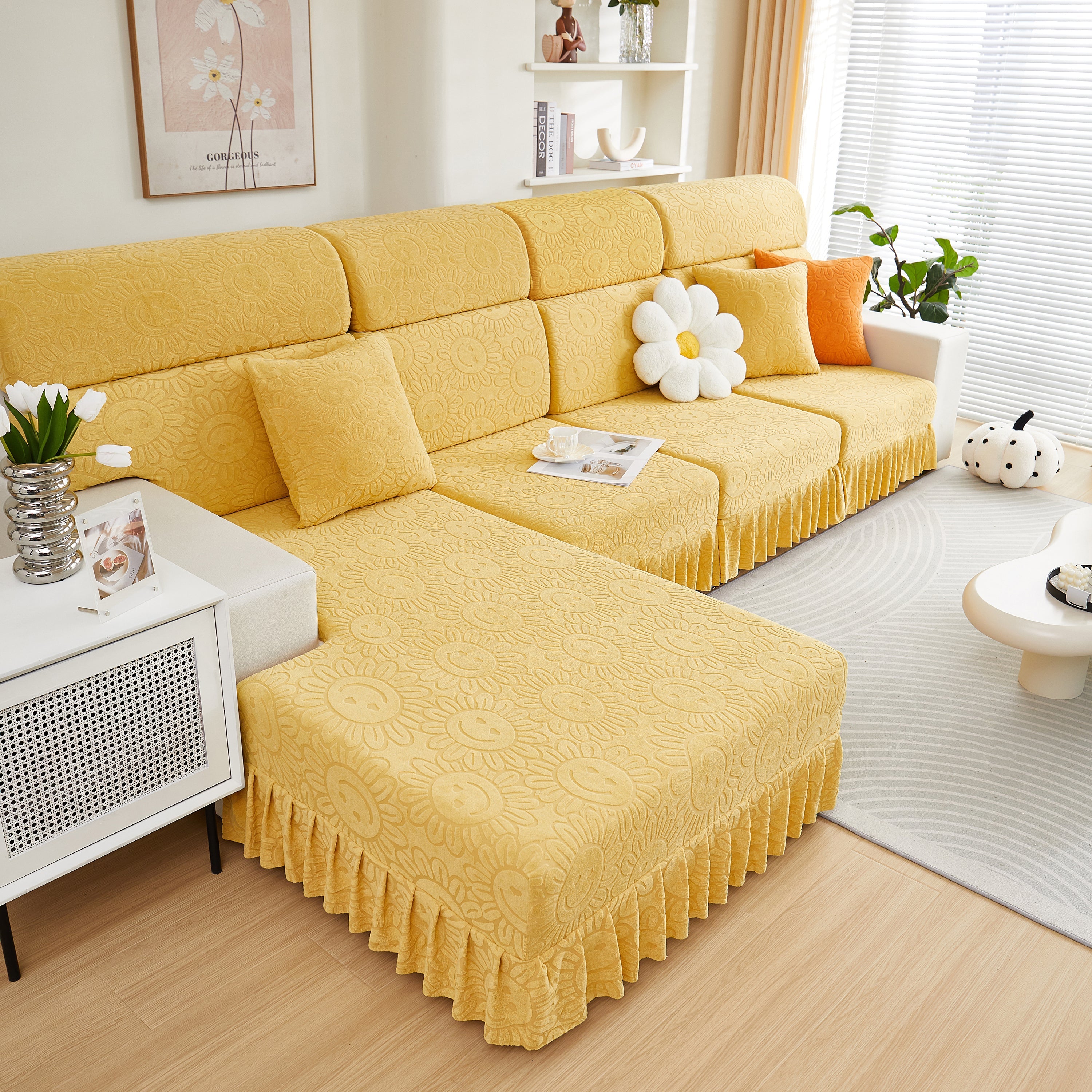 Sofa Seat Cover, Sunflower Patterned Elastic Skirted Couch Cushion Covers for 1/2/3/4-Seater Sofas