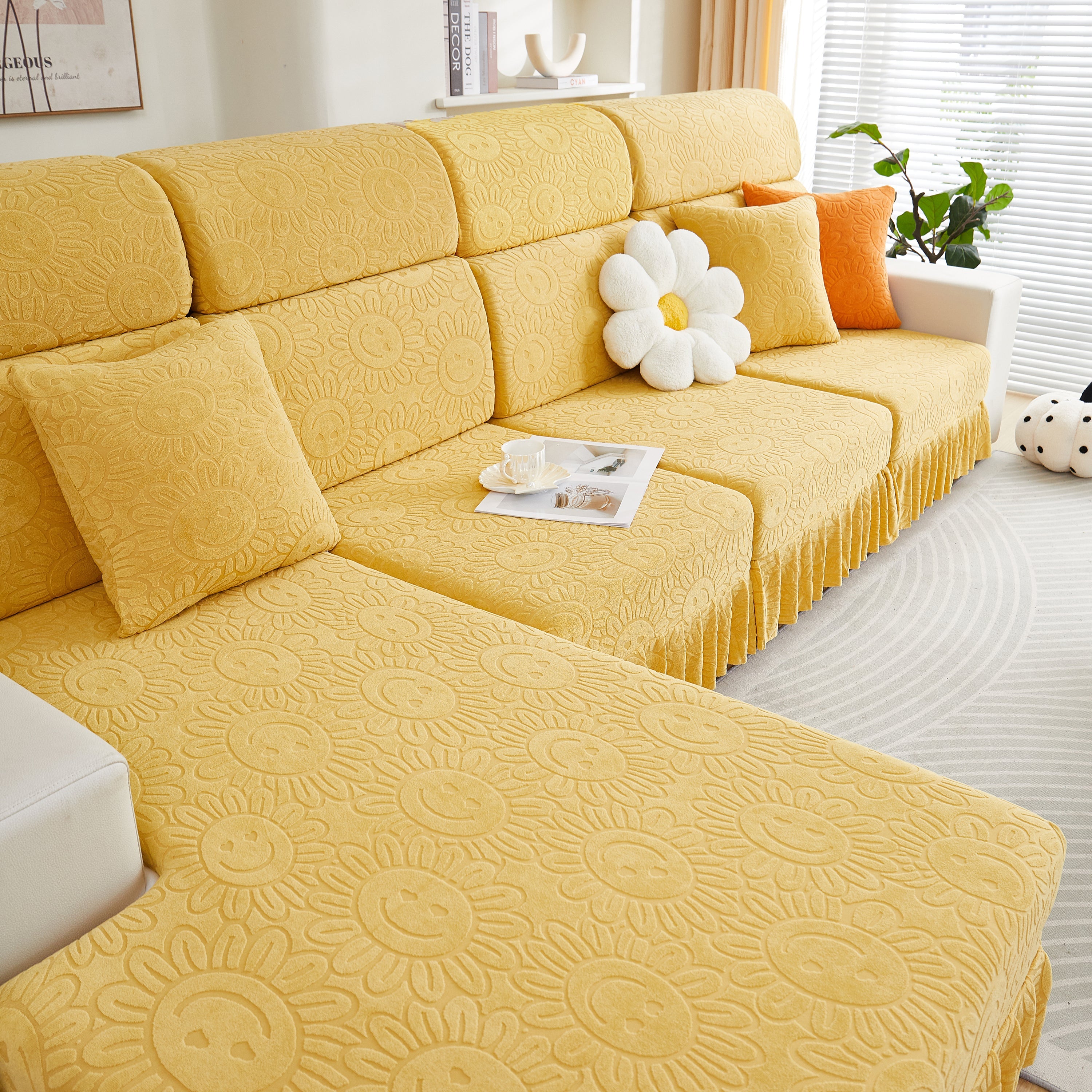 Sofa Seat Cover, Sunflower Patterned Elastic Skirted Couch Cushion Covers for 1/2/3/4-Seater Sofas