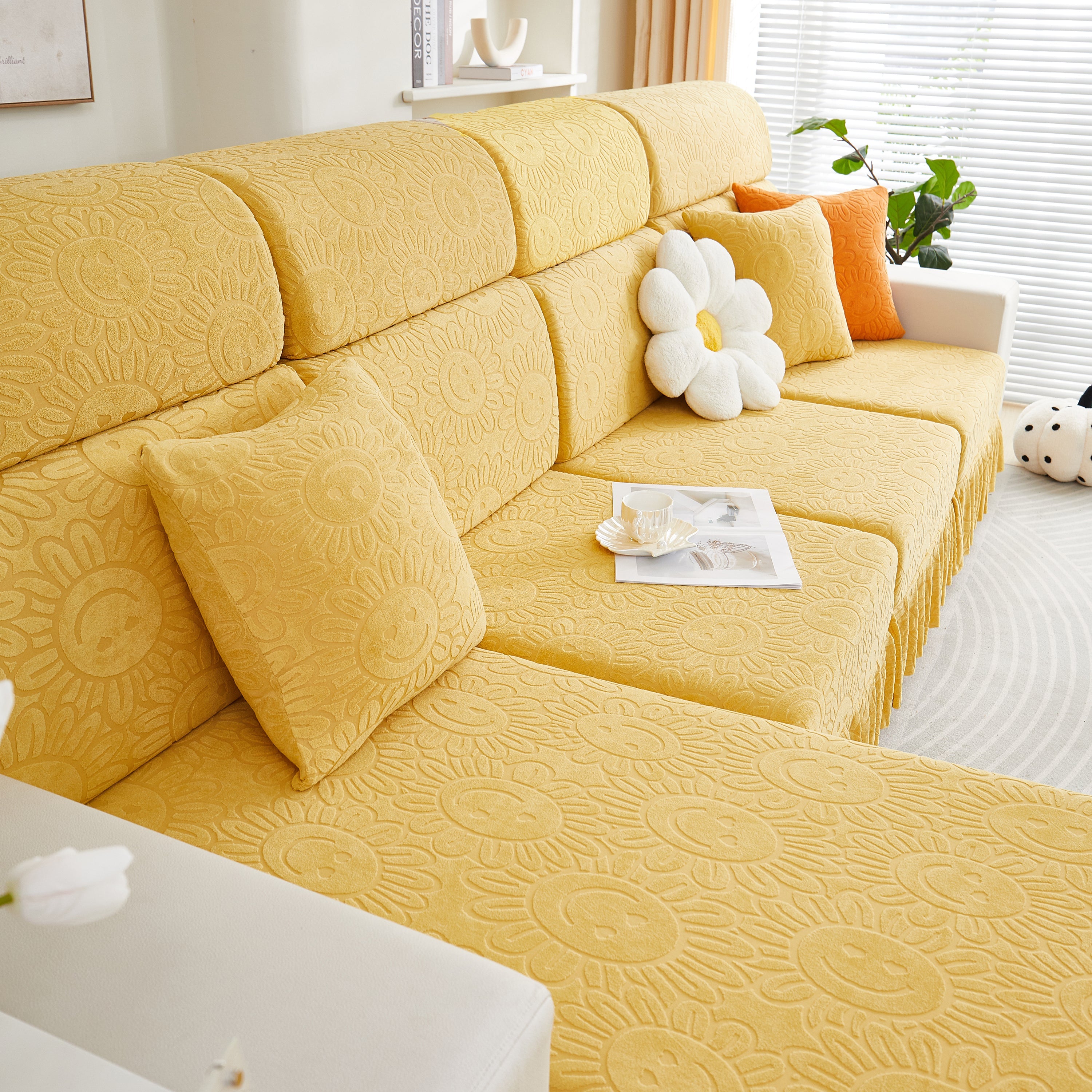 Sofa Seat Cover, Sunflower Patterned Elastic Skirted Couch Cushion Covers for 1/2/3/4-Seater Sofas