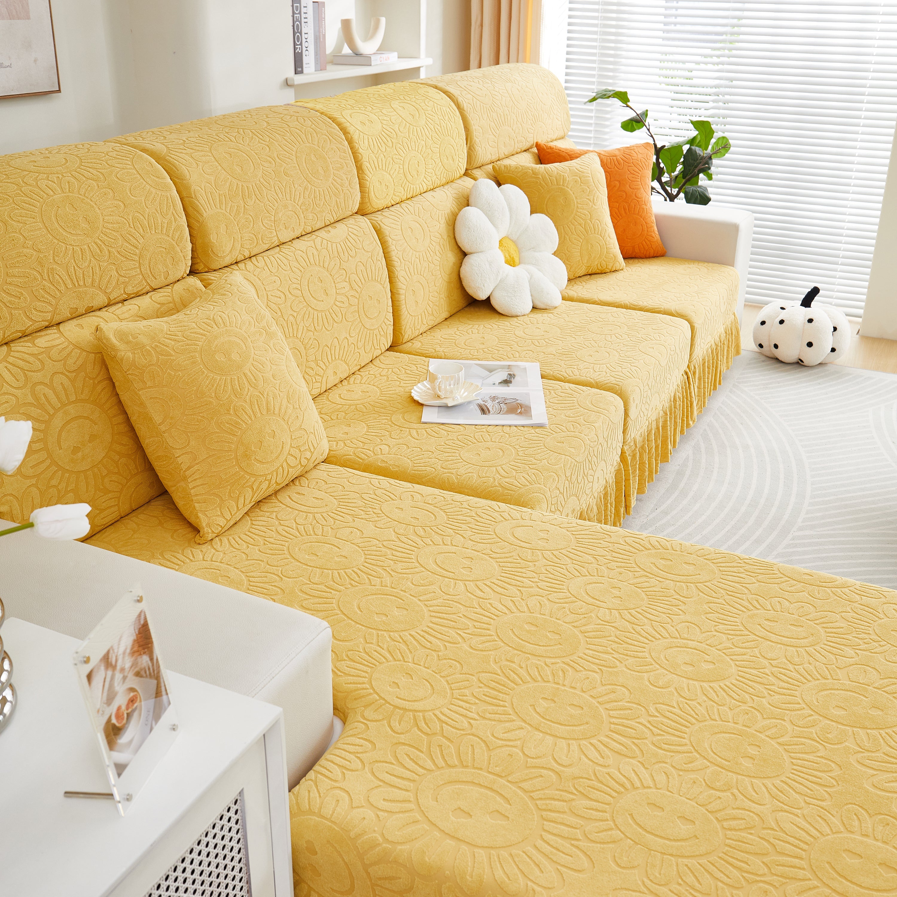 Sofa Seat Cover, Sunflower Patterned Elastic Skirted Couch Cushion Covers for 1/2/3/4-Seater Sofas
