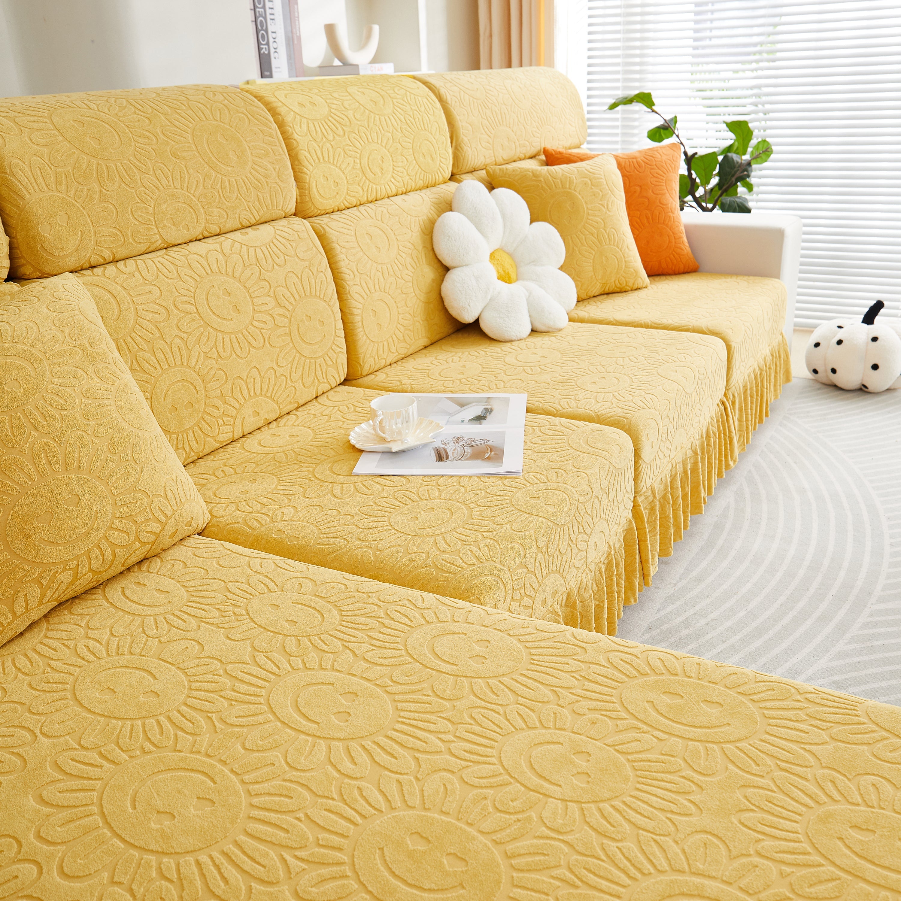 Sofa Seat Cover, Sunflower Patterned Elastic Skirted Couch Cushion Covers for 1/2/3/4-Seater Sofas